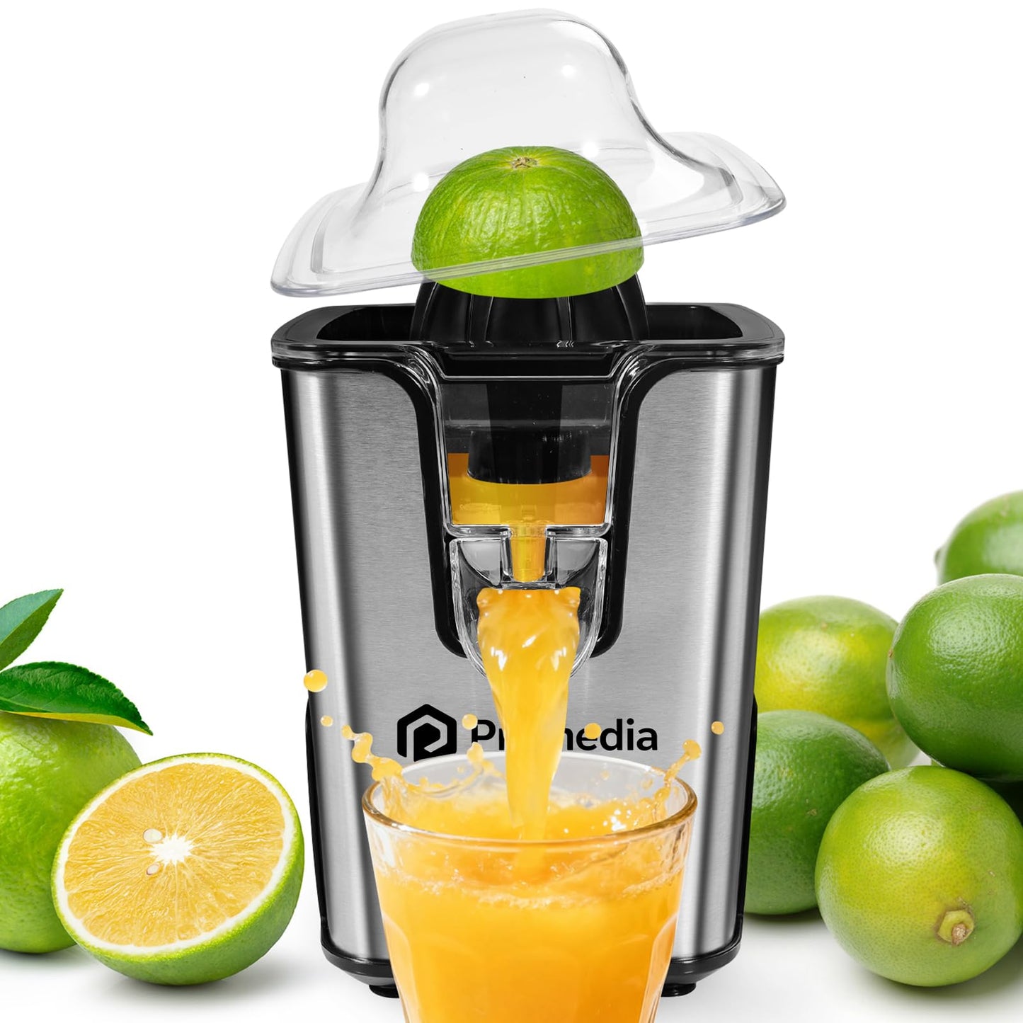 PRAMEDIA Electric Citrus Juicer Stainless Steel - 40W Orange Juicer with Adjustable Anti-Drip Spout & 2 Cones for Lemon,Limes, Grapefruit - Auto-Reversing Squeezer for Fresh Fruit Juice