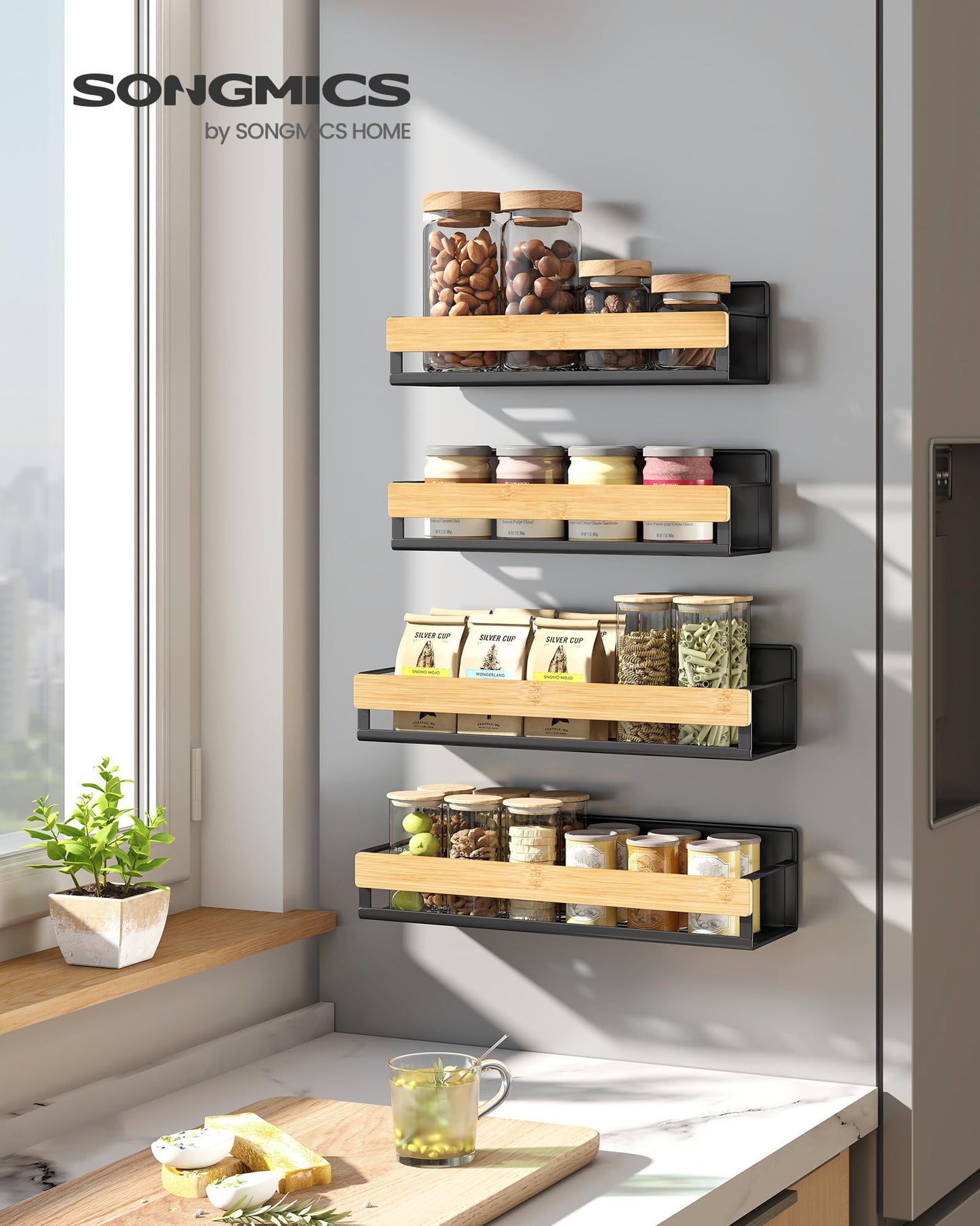 SONGMICS Set of 4 Spice Racks, 2 Large and 2 Small Kitchen Magnetic Shelves for Refrigerator, Microwave, Washing Machine, Spice Organizers, No Drilling Needed, Ink Black and Light Bamboo UKCS062BH01