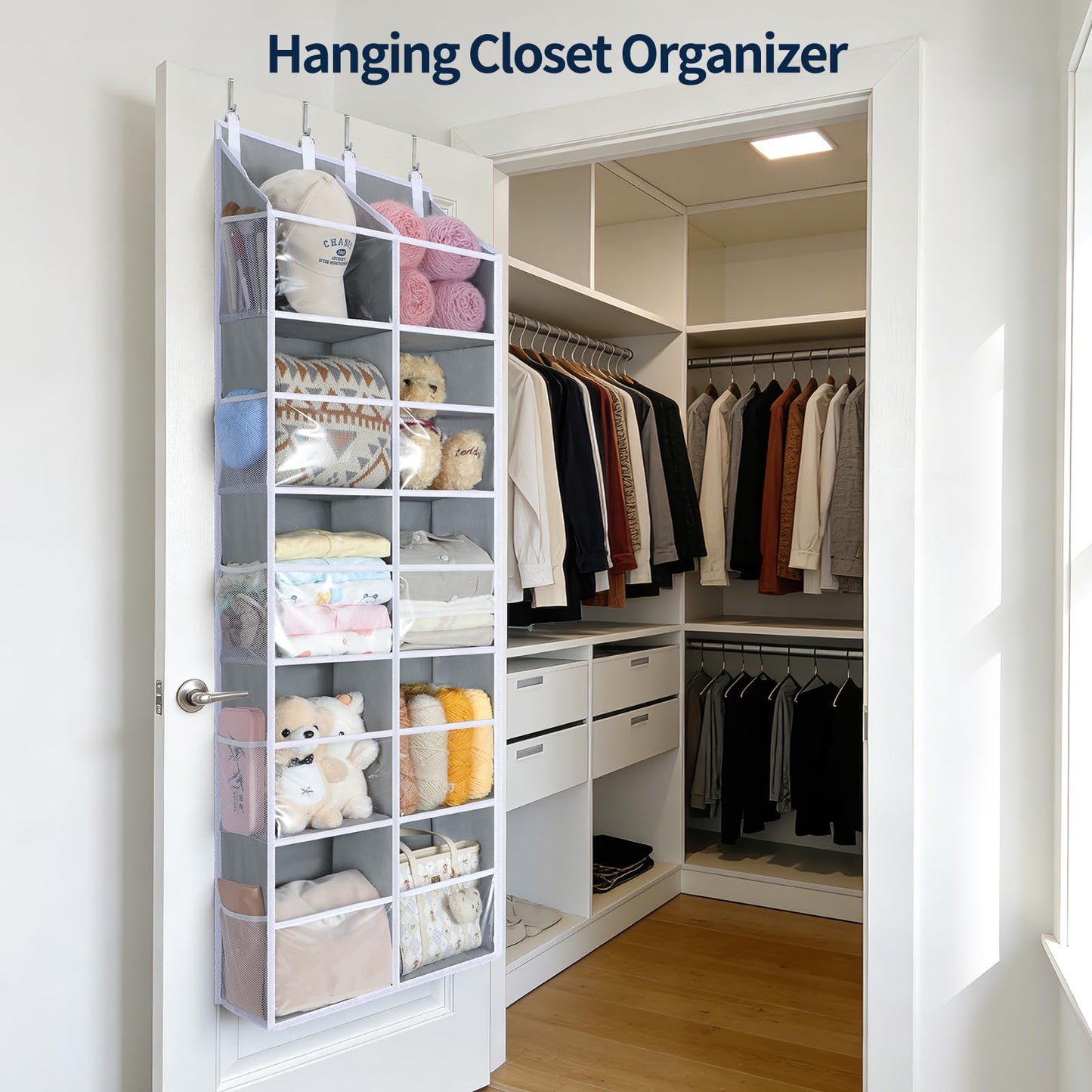 Yecaye Over The Door Organizer 5 Tier, 80lb Capacity Extra Large Behind Door Storage of 10 Clear Window, Heavy Duty Door Hanging Organizer for Closet Bedroom Bathroom Diaper Nursery, Double, Gray