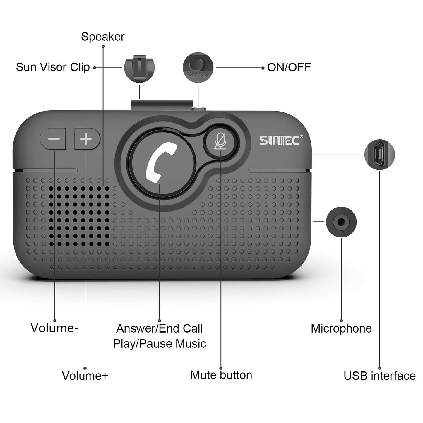 SUNITEC Hands Free Bluetooth for Cell Phone Car Kit, AUTO Power ON Bluetooth Phone Speaker for Car, Support Siri Voice Assistant Wireless in-Car Speakerphone with Visor Clip - BC980SA