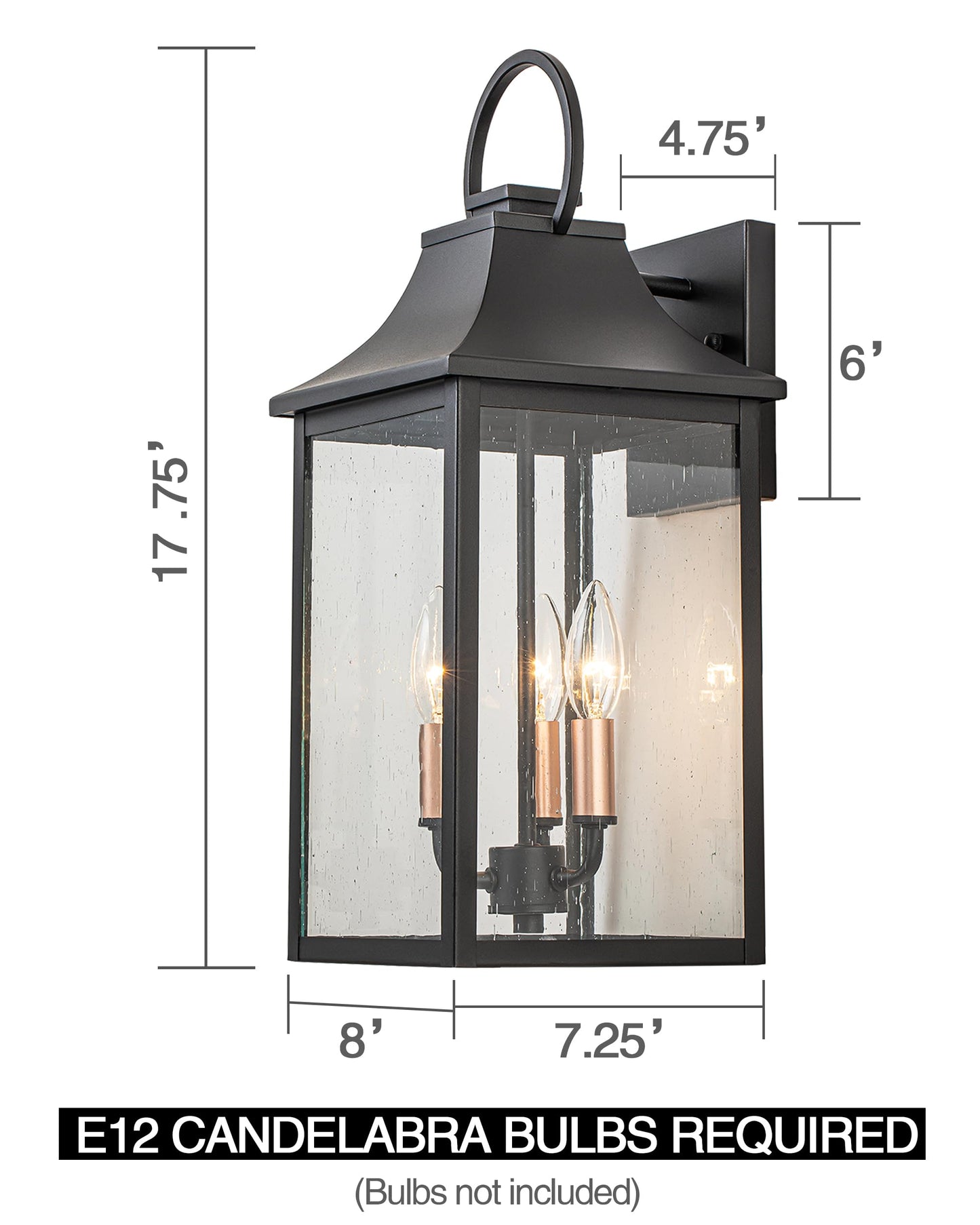 OUPAVOCS Outdoor Wall Lights Fixture for House, Large Porch Light Wall Mount, 18” Black Exterior Wall Sconce with Rose Gold 3-Light Candelabra Interior, Outside Patio Lighting for Front Porch, Garage