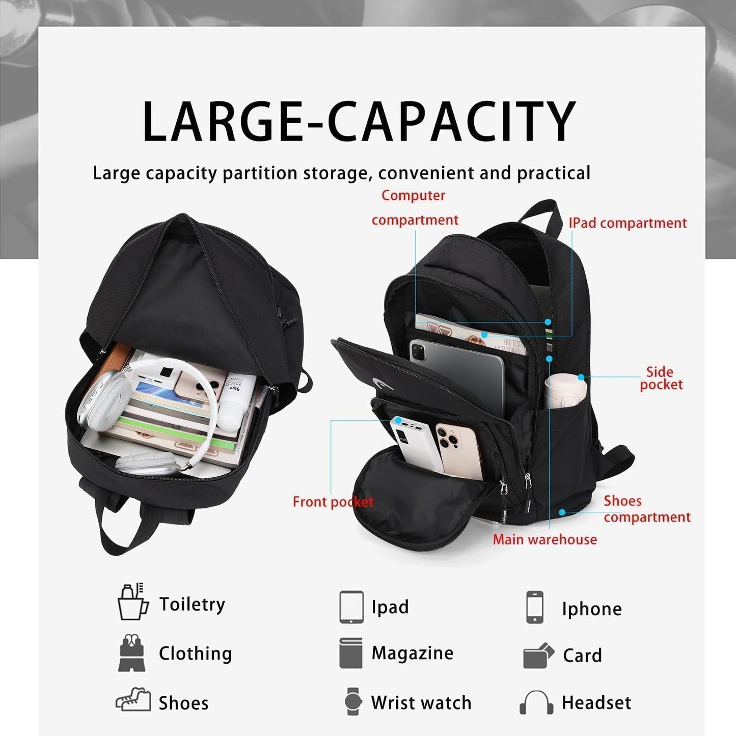 HEAD Waterproof Travel Backpack for Women/Men, Lightweight 15.6" Laptop Backpack Computer Bag with Shoes Pocket