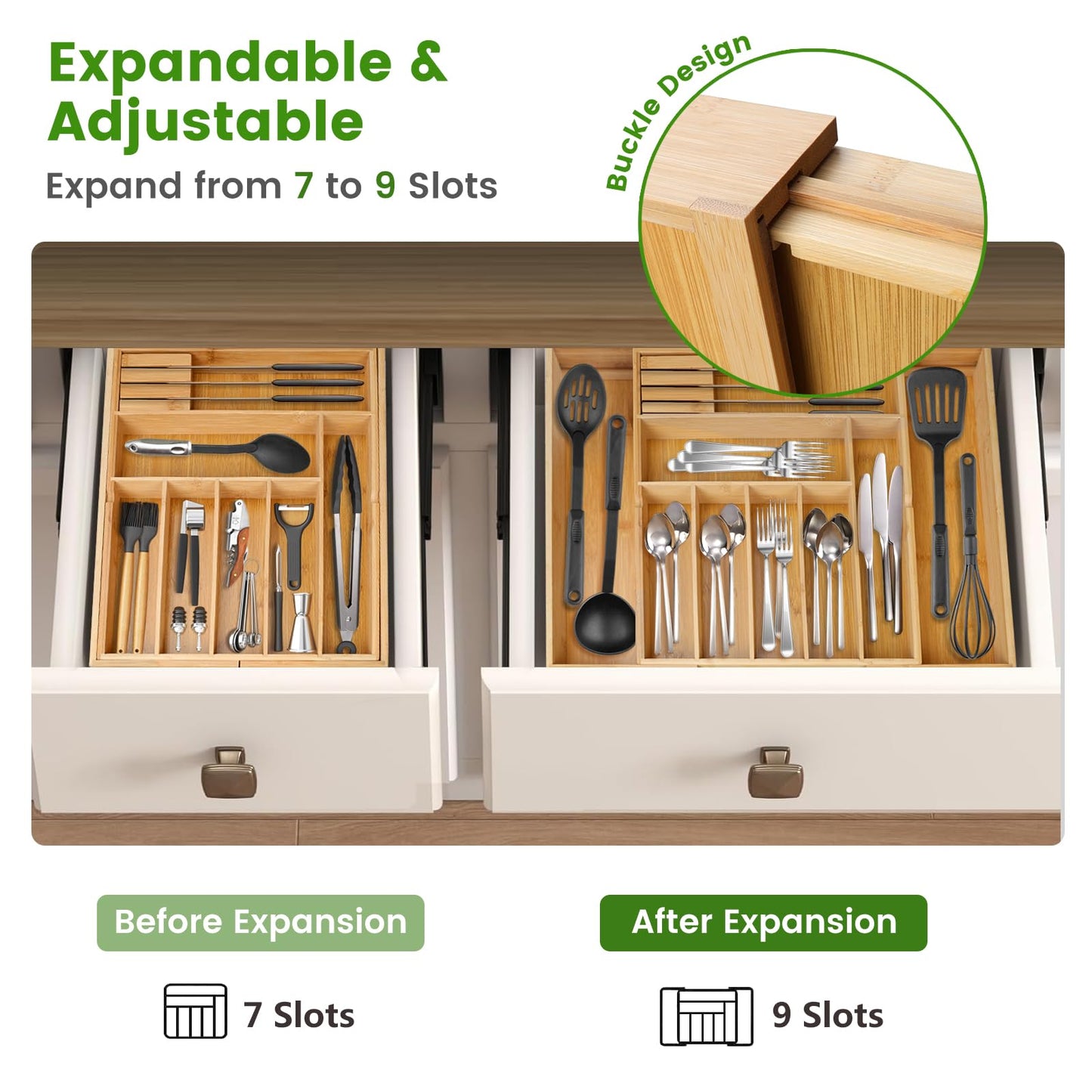 Expandable Cutlery Organizer, 7-9 Slot Bamboo Utensil Drawer Organizer with 2 Removable Knife Blocks, Adjustable Wooden Cutlery Tray Holder Kitchen Drawer Organizer for Silverware, Flatware