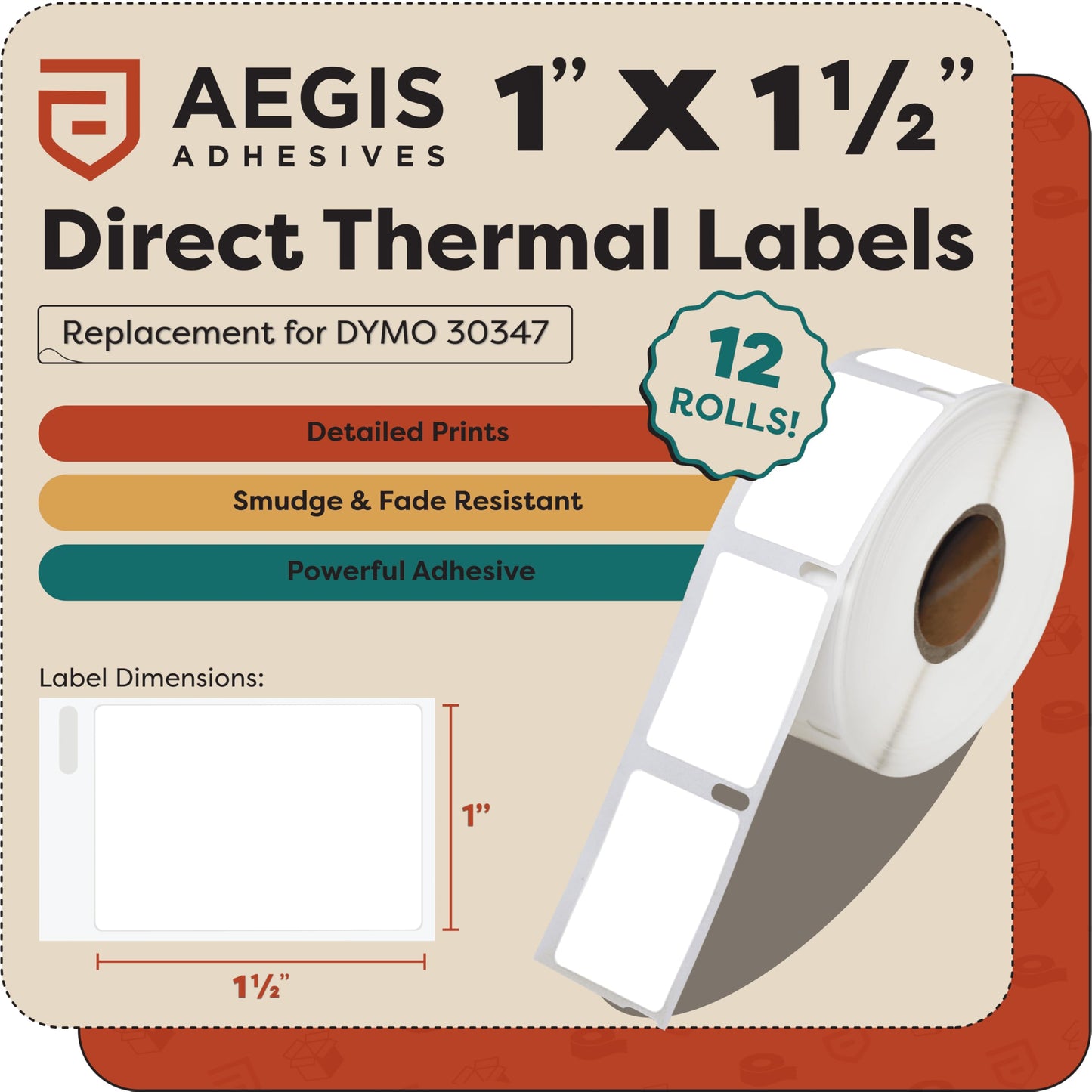 Aegis Adhesives - 1" X 1-1/2" Replacement for DYMO 30347 (12 Rolls/9000 Labels) Direct Thermal Library Book Spine Labels - Compatible with LabelWriter 450, 450 Turbo, 4XL Printers (NOT 550, 5XL)