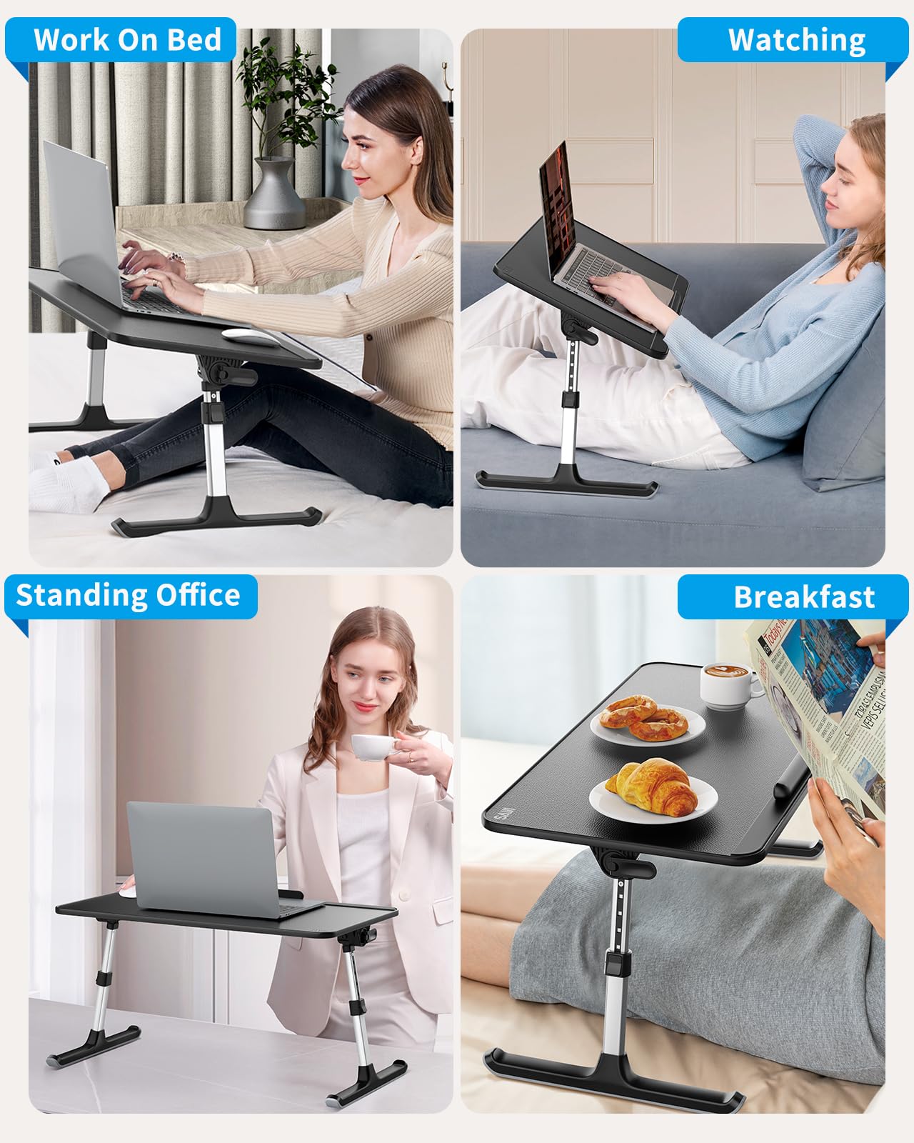 SAIJI PU Leather Laptop Bed Tray Table, Adjustable Laptop Stand with Removable Stopper, Portable Lap Desks with Foldable Legs, Notebook Stand Breakfast Reading Desk for Sofa Couch(Large, Black)