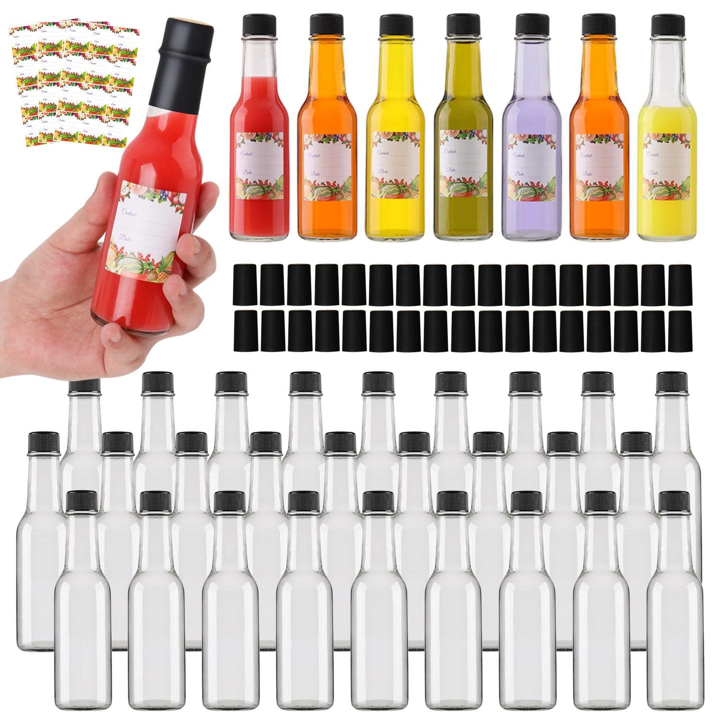 EkkoVla 35 Pack 5 oz Clear Glass Hot Sauce Bottle with Black Caps and Orifice Reducers, Clear Woozy Bottles Empty Wine Bottles with Shrink Capsules Colorful Stickers
