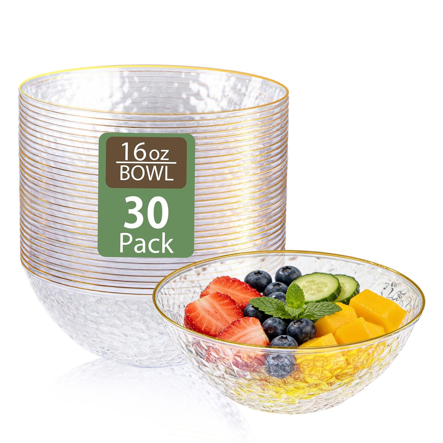 Tinybee 30PCS Clear Bowls with Gold Rim-16oz disposable Bowls