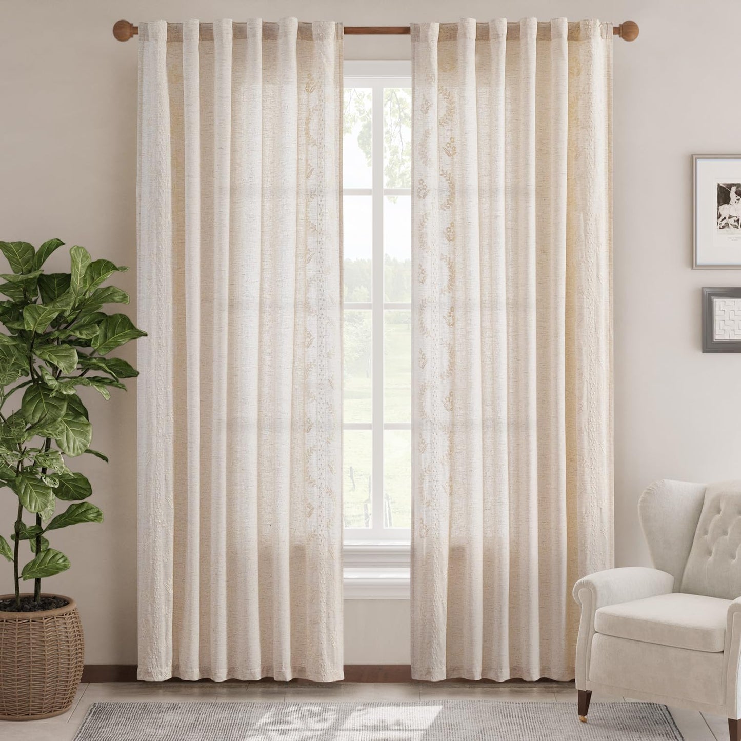 JINCHAN Linen Curtains for Bedroom Floral Curtains 84 Inch Length Linen Blend Ivory Embroidered Drapes Farmhouse Flower Patterned Drapes for Living Room Window Treatments Set 2 Panels
