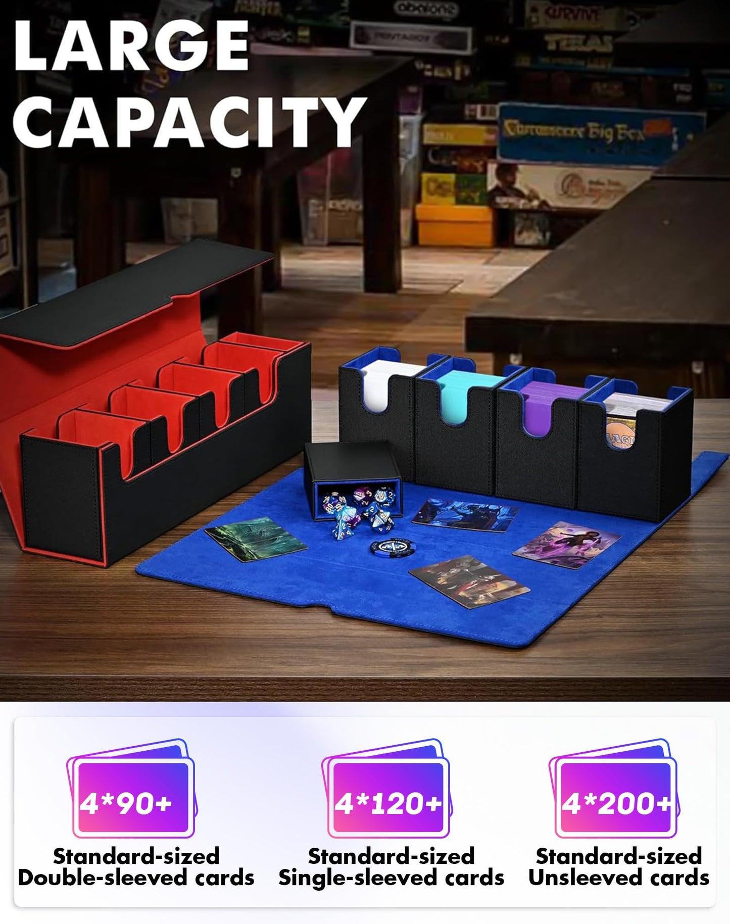 Card Deck Box with Dice Tray for MTG, 5 in 1 Deck Case Holds 800+ Unsleeved Cards, Strong Magnet Card Organizer Compatible with Yugioh TCG Sports (Black Blue)