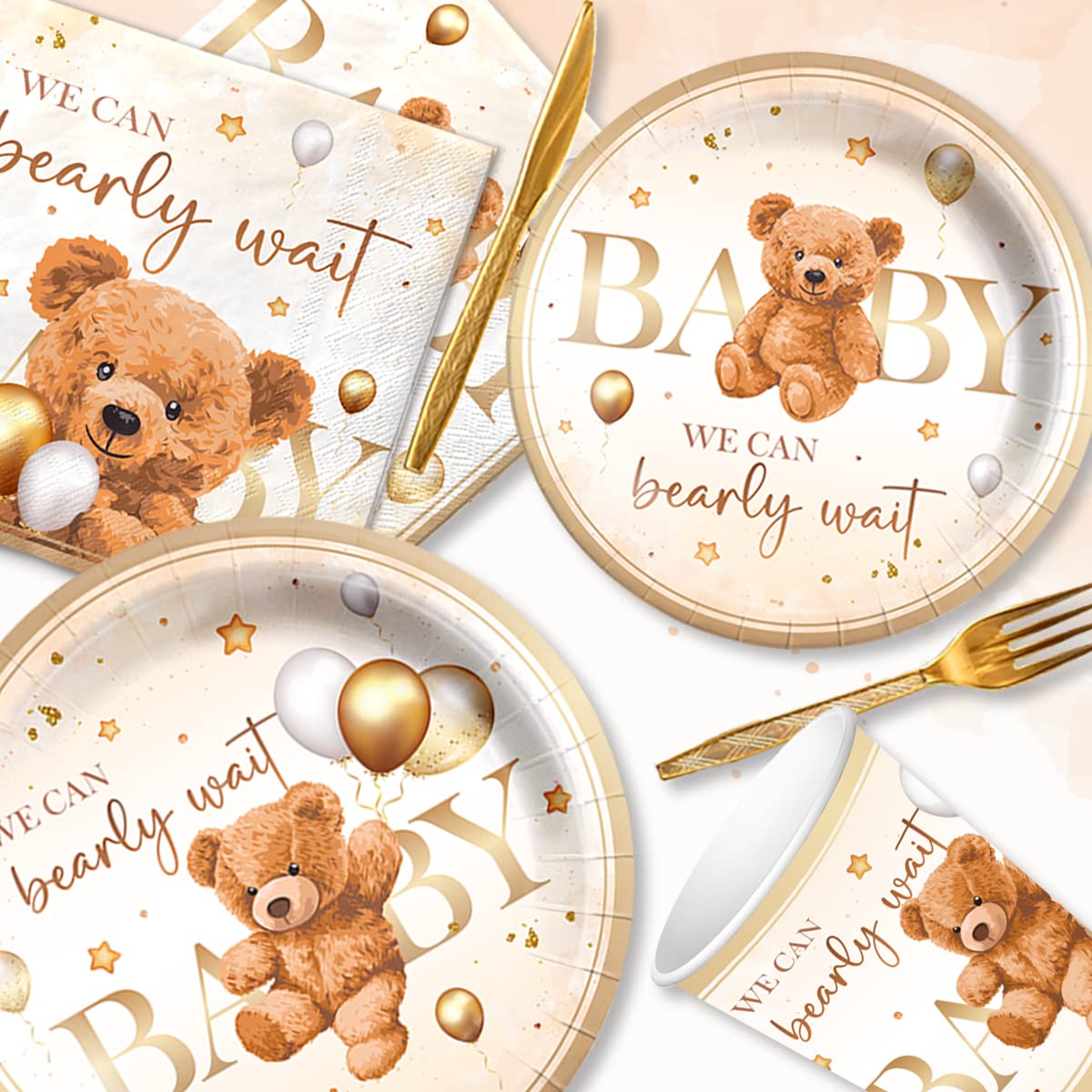 CMUSKO Teddy Bear Baby Shower Decorations - 142Pcs Brown Bear Theme Plates, Napkins, Tableware Set for 20 Guests
