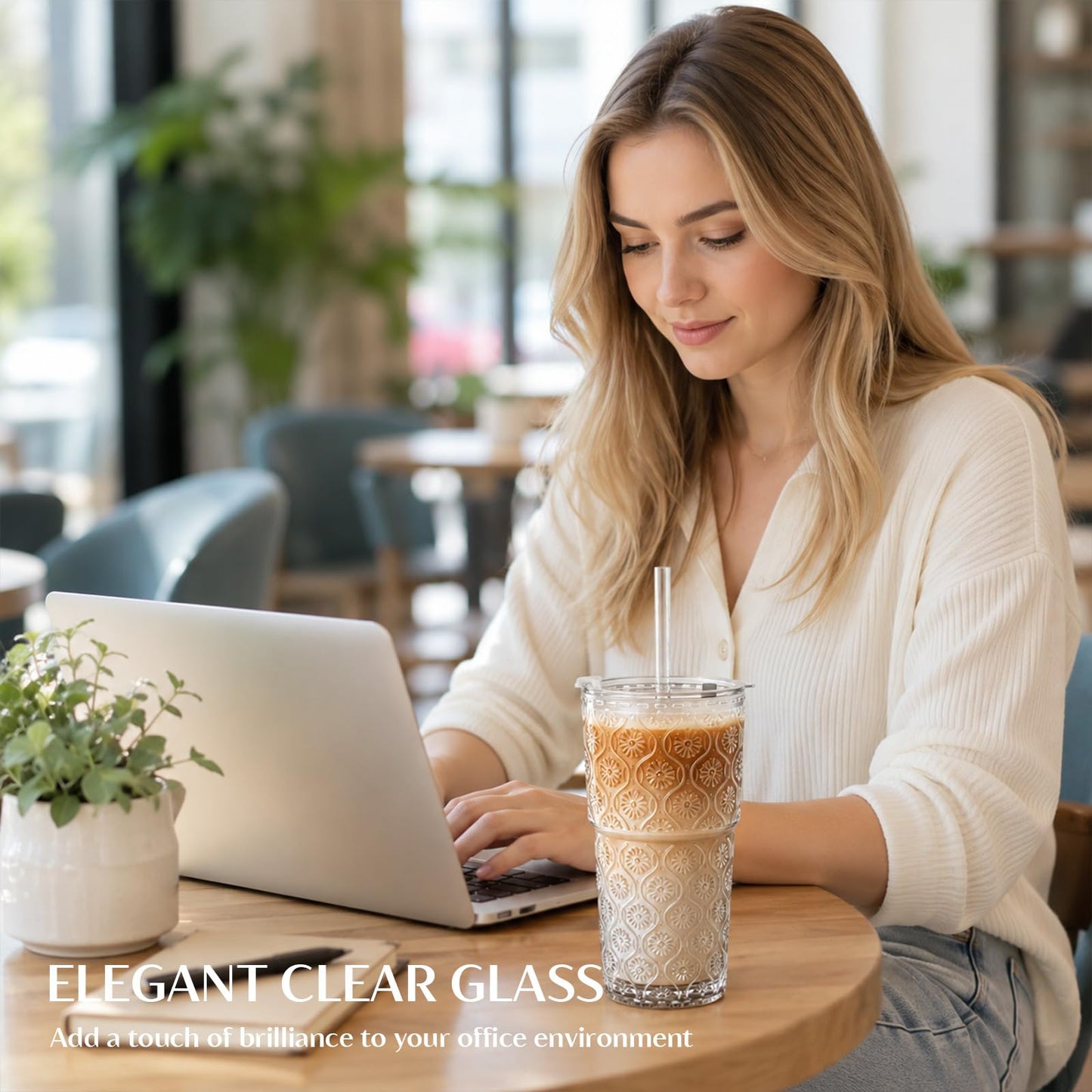 INSETLAN 20oz Begonia Flower Glass Tumbler Set of 4 – Thickened Glass Cups with Lids and Glass Straws for Iced Coffee, Smoothies, Milk, Water, and More – Elegant& Durable Drinkware