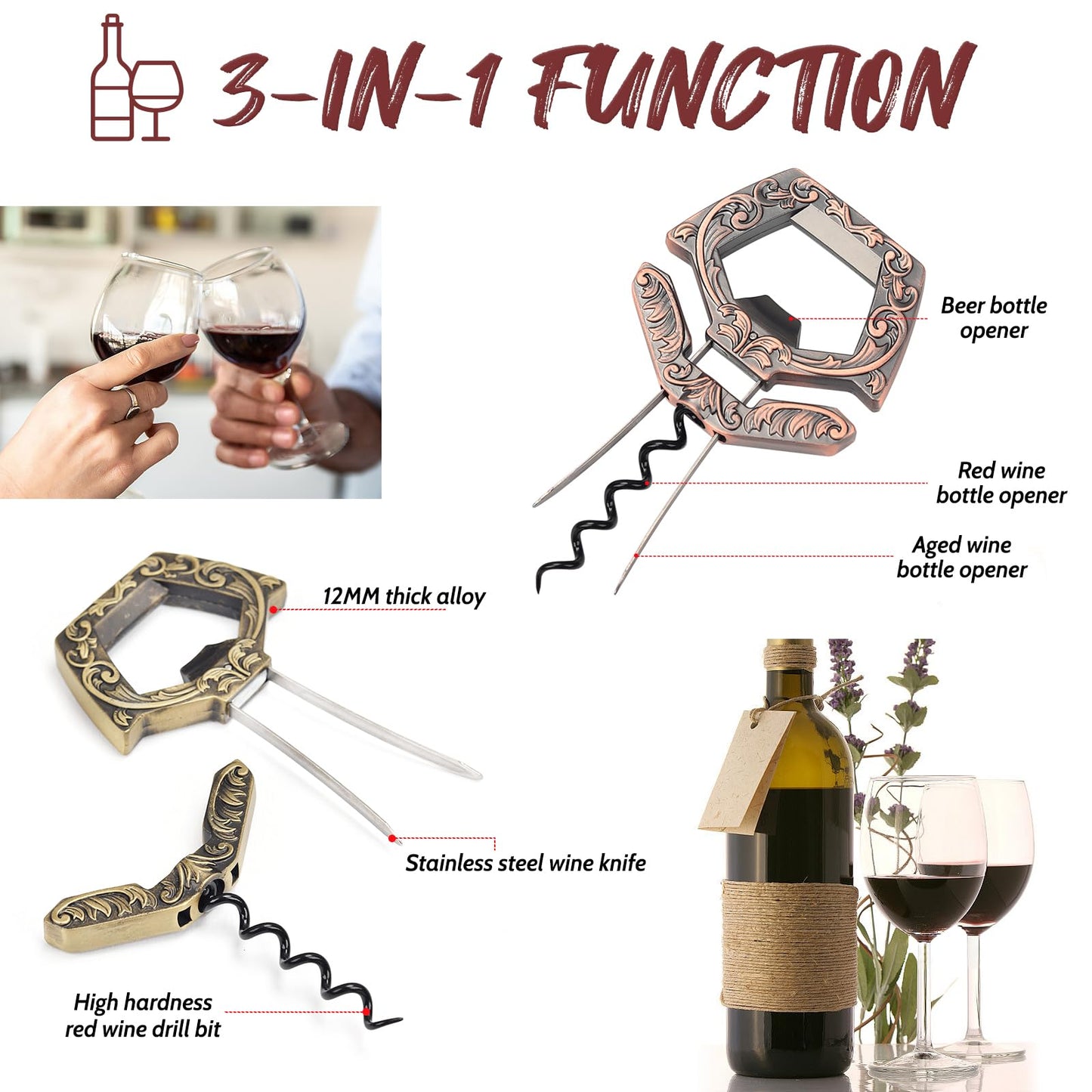 KERHAND 3 in 1 Ah So Two Prong Wine Opener & Cork Remover,It Can Remove The Older and Fragile Wine Corks so Easy for Connoisseurs to Uncork (Copper)