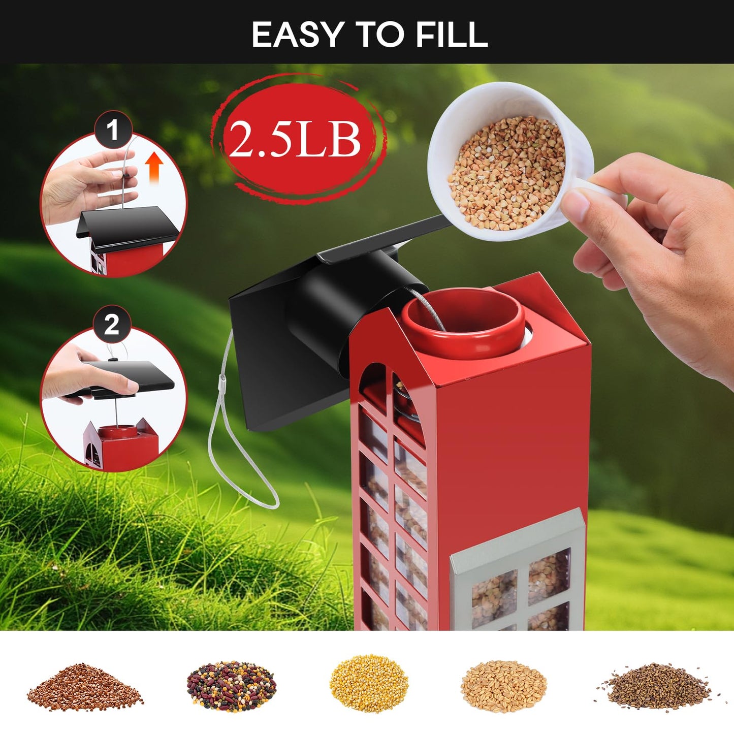 Bird Feeders Squirrel Proof for Outdoors Hanging - Weight Activated Metal Wild Bird Feeders Tube Birdhouse Seed Feeder with 4 Feeding Ports,2.5LB Capacity for Cardinal,Sparrow,Finch,Chickadee