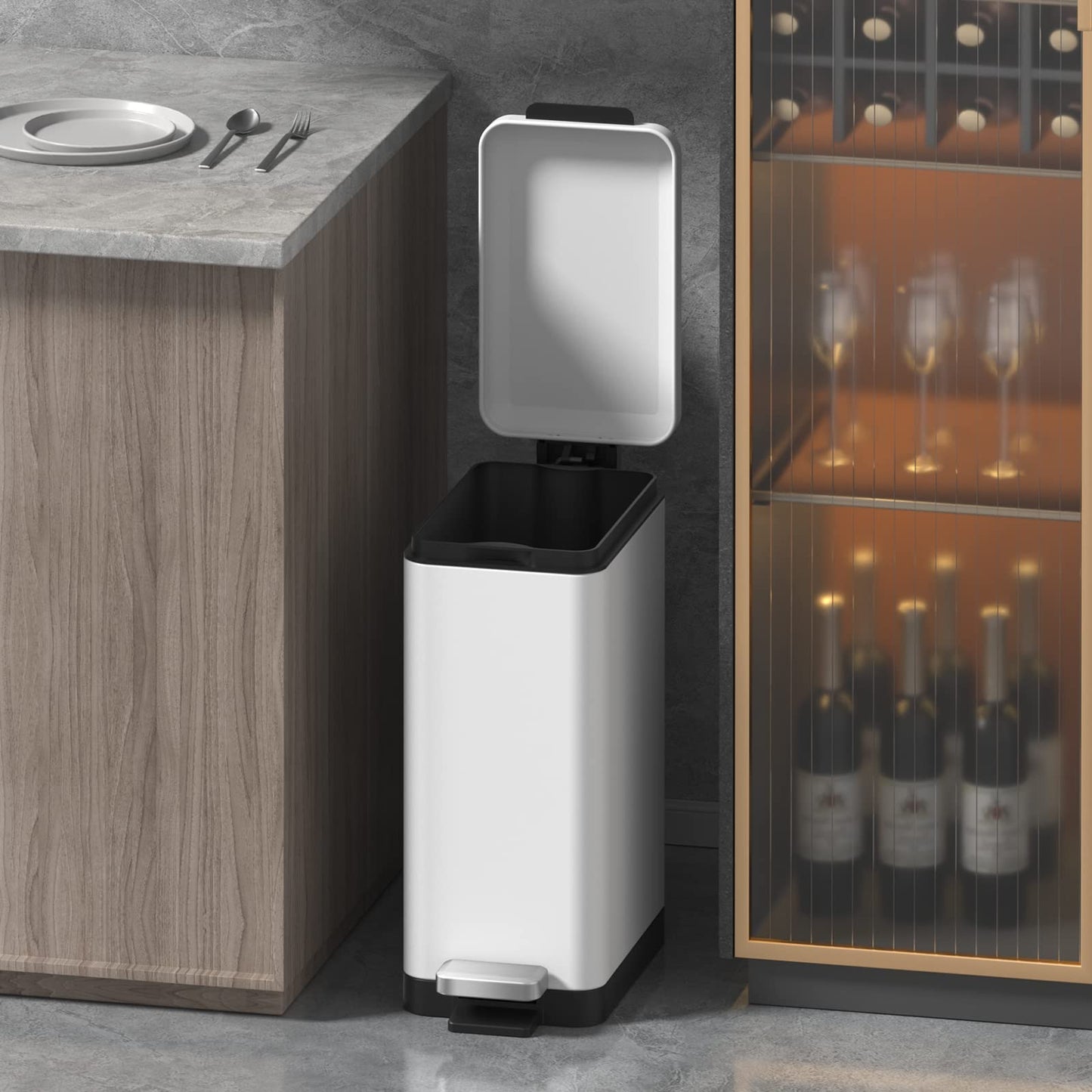 Mbillion Step Trash Can 10 Liter 2.6 Gallon Slim Design Step-On Trash Can with Strong Pedal, Stainless Steel Rectangular Garbage Can, White (MB 8877)