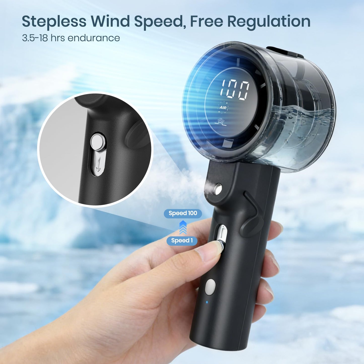 Handheld Misting Fan, 4000mAh Rechargeable 50ml Water Tank, 14000 RPM Strong Airflow 3 Speeds 2 Mist Modes, Digital Display USB-C Portable Spray Fan for Outdoor Hiking Travel Office - Black