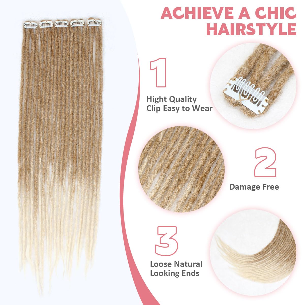 24 Inch Clip in Dreadlock Hair Extensions 10Clips 40 Strands Synthetic Handmade Soft Clip In Dreads Extensions for Women,Brown/Blonde