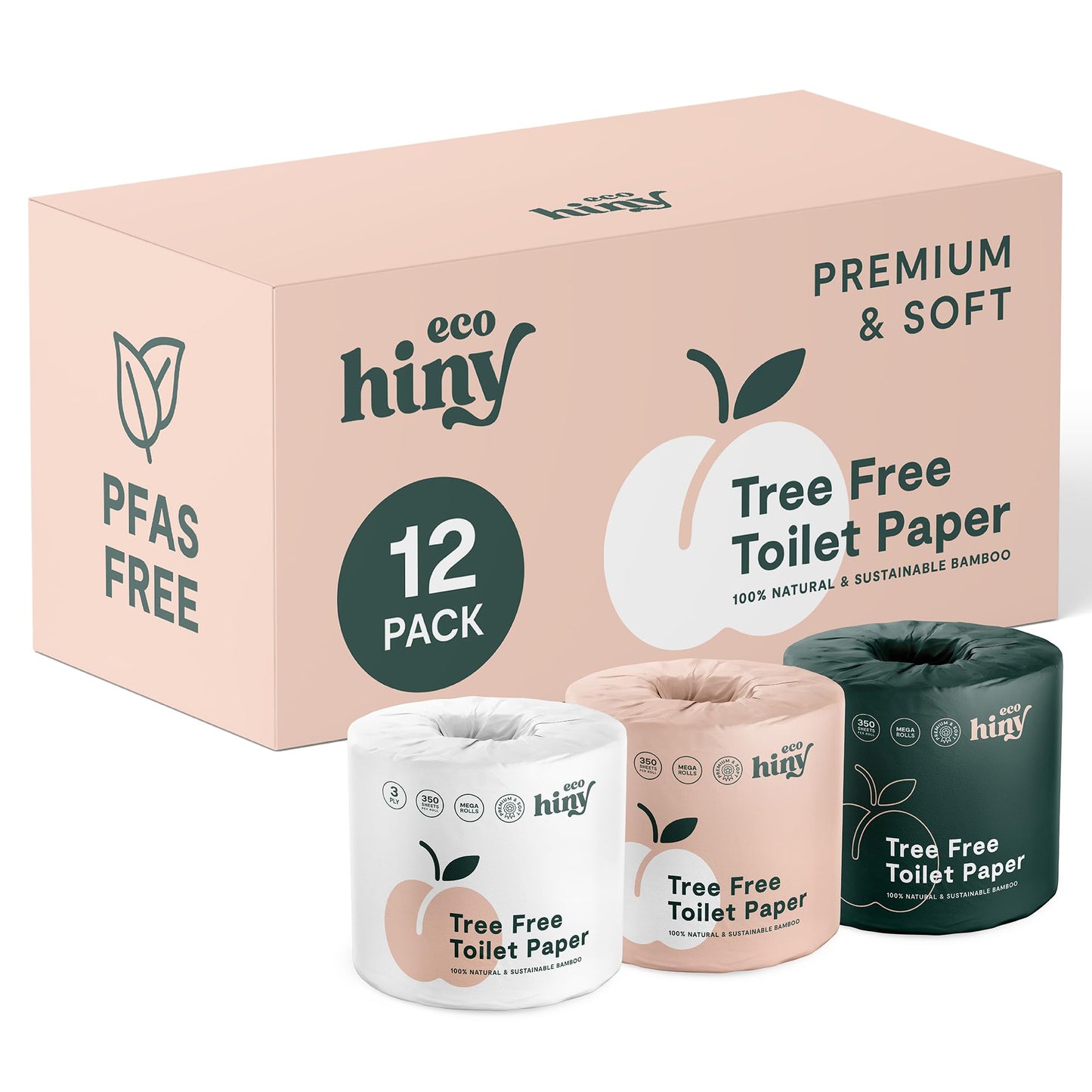 ECOHINY Premium & Soft Bamboo Toilet Paper | 12 Mega Rolls, 350 Sheets Each, 3-Ply | FSC Certified, PFAS & BPA Free, Septic Safe | Tree & Plastic Free Packaging