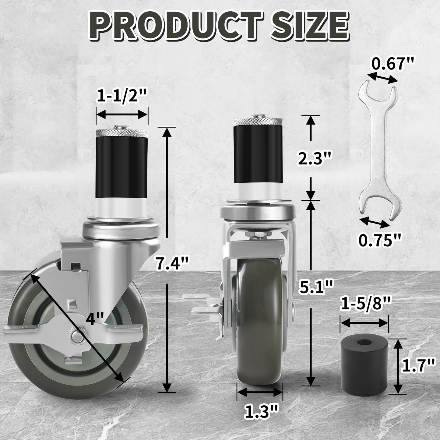 Besitu 4 Inches Prep Table Wheels Set of 4, 1-1/2" Expanding Stem Caster with Side Brake for Stainless Steel Table, Cart, Furniture Legs, Commercial Kitchen Appliances, Workbench