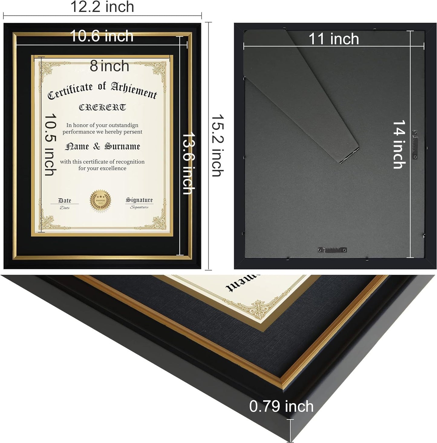 CREKERT Diploma Frame 11x14 College Degree Frame Solid Wood Shatter-Resistant Glass for Documents Certificate Blackgold Frame 8.5x11 with Mat (Black Mat, 1 Pack)