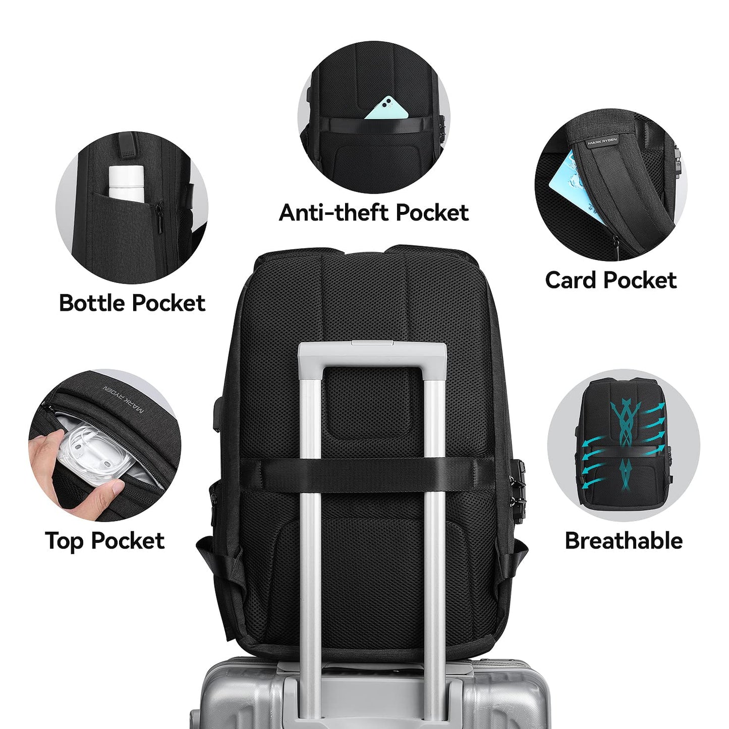 MARK RYDEN Anti Theft Backpack with TSA Approved Lock and Scratch Resistant Shell, Waterproof Travel Backpack, USB Laptop Backpack for Men Fits 15.6 Inch Notebook, Black, 11.8 x 4.7 x 17.3 inch,