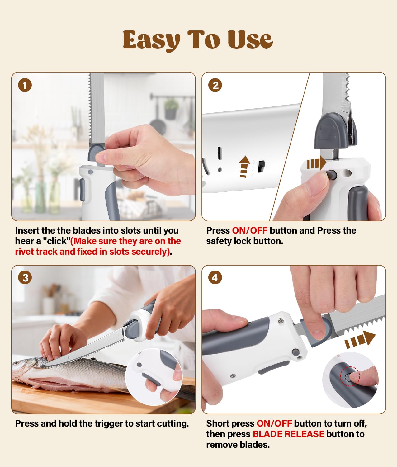HK Cordless Electric Knife for Meat Slicing, 8V Electric Carving Knife for Fish, Bread, Turkey, Rechargeable Meat Cutter with Reciprocating Stainless Steel Blades, Safety Lock