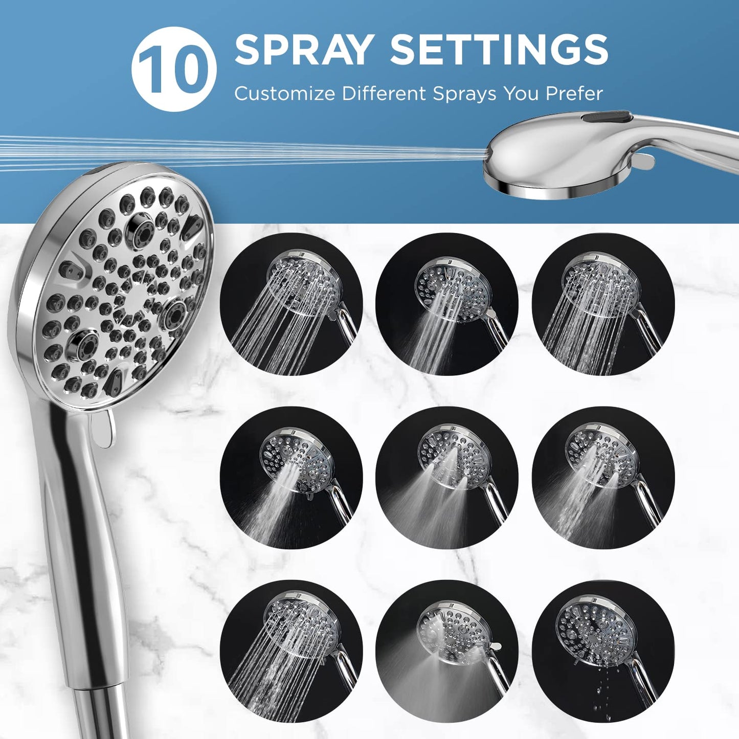 MakeFit Rain Shower Heads System, 3-Spray Dual Shower Head with Solid Brass Adjustable Bar, Rainfall Showerhead with 10 Settings High Pressure Handheld Spray, Buit-in Power Wash Mode (Chrome)