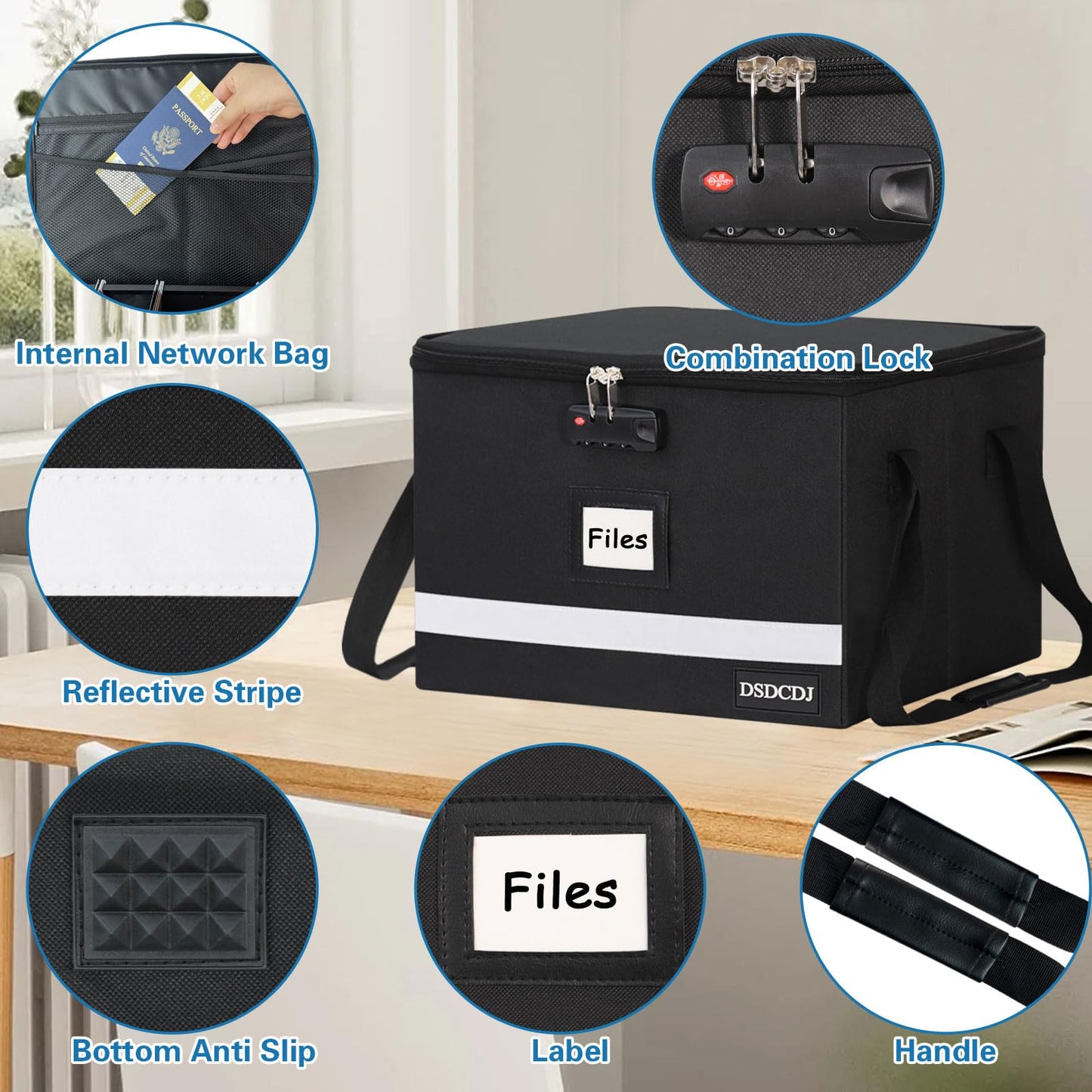 DSDCDJ File Box with Lock - Portable File Organizer Box with Handle, Sturdy Important Document Organizer with Label, Slide, Reflective Strip for Hanging Letter/Legal Folder
