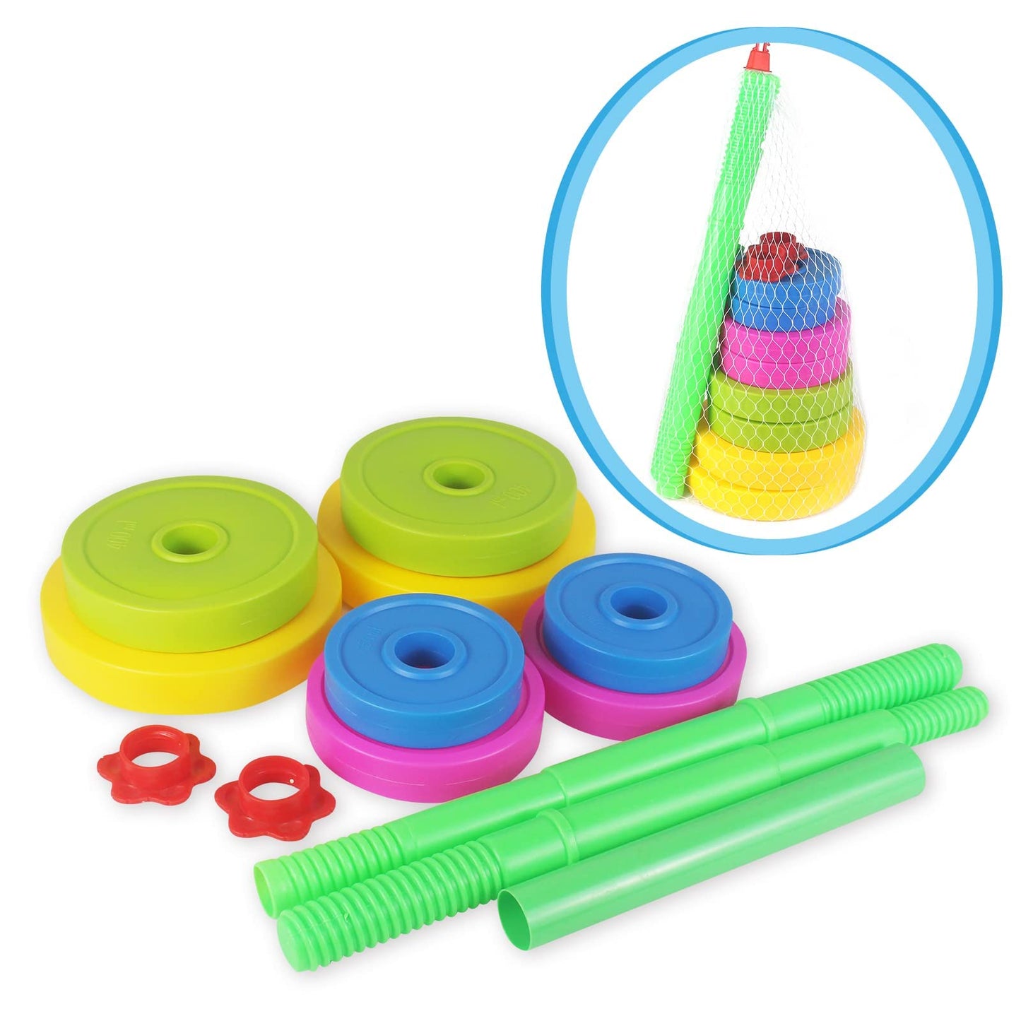 Wit Bear Kids Barbell Weight Set - Adjustable Workout Toy Equipment for Children Pretend Play Exercise - Toddler Beginner Gym, Fitness, Weightlifting and Powerlifting (32 inches)