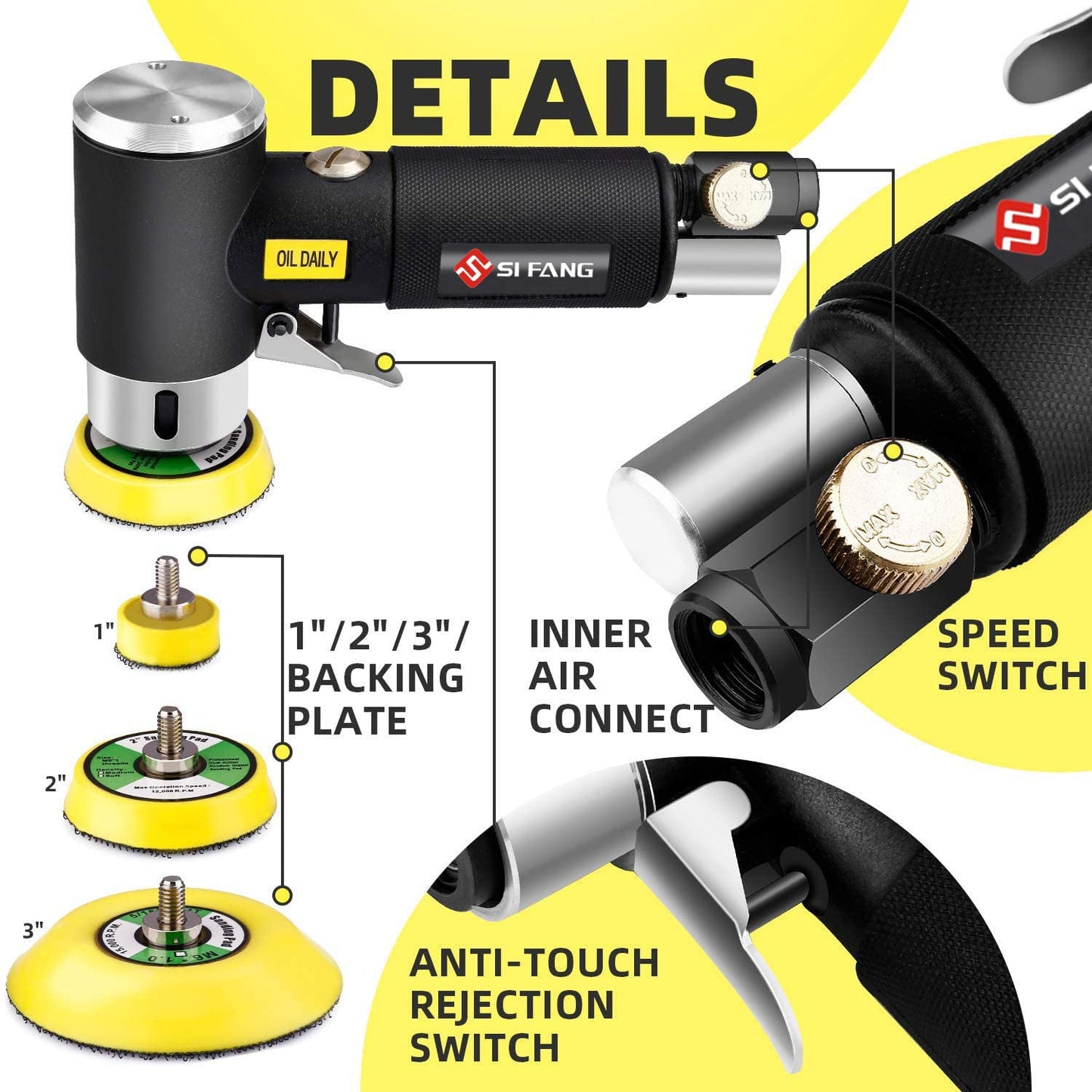 1/2/3 Inch Mini Orbital Sander 48pcs Dual Action Random Orbit Sander Polishing Set, High Speed Hand-held Air Powered Sander Polisher Machine with Sponge & Wool Pads & Sandpapers (Black Sander Set)