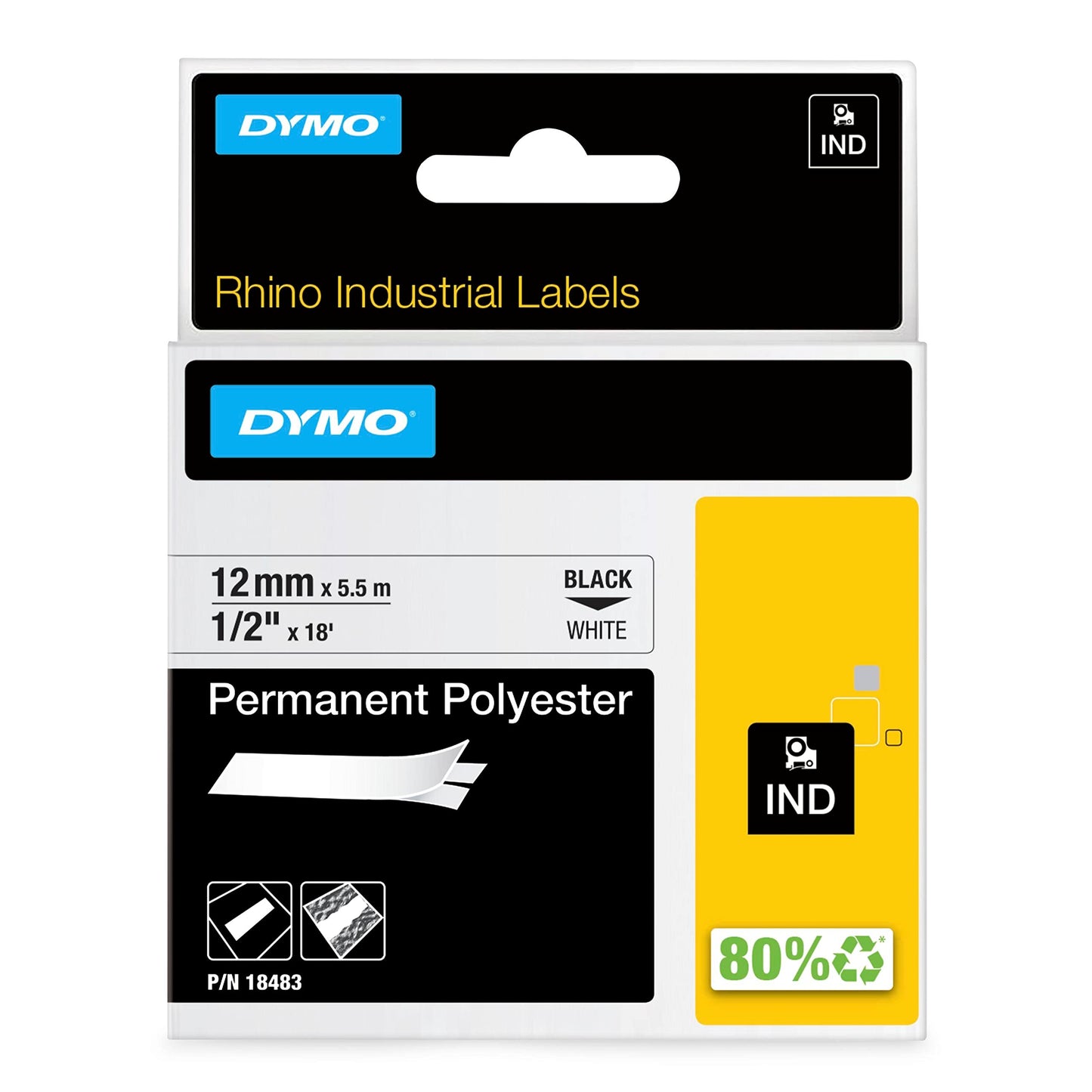 DYMO Rhino Industrial Permanent Polyester Labels, 1/2", Black Print on White Tape