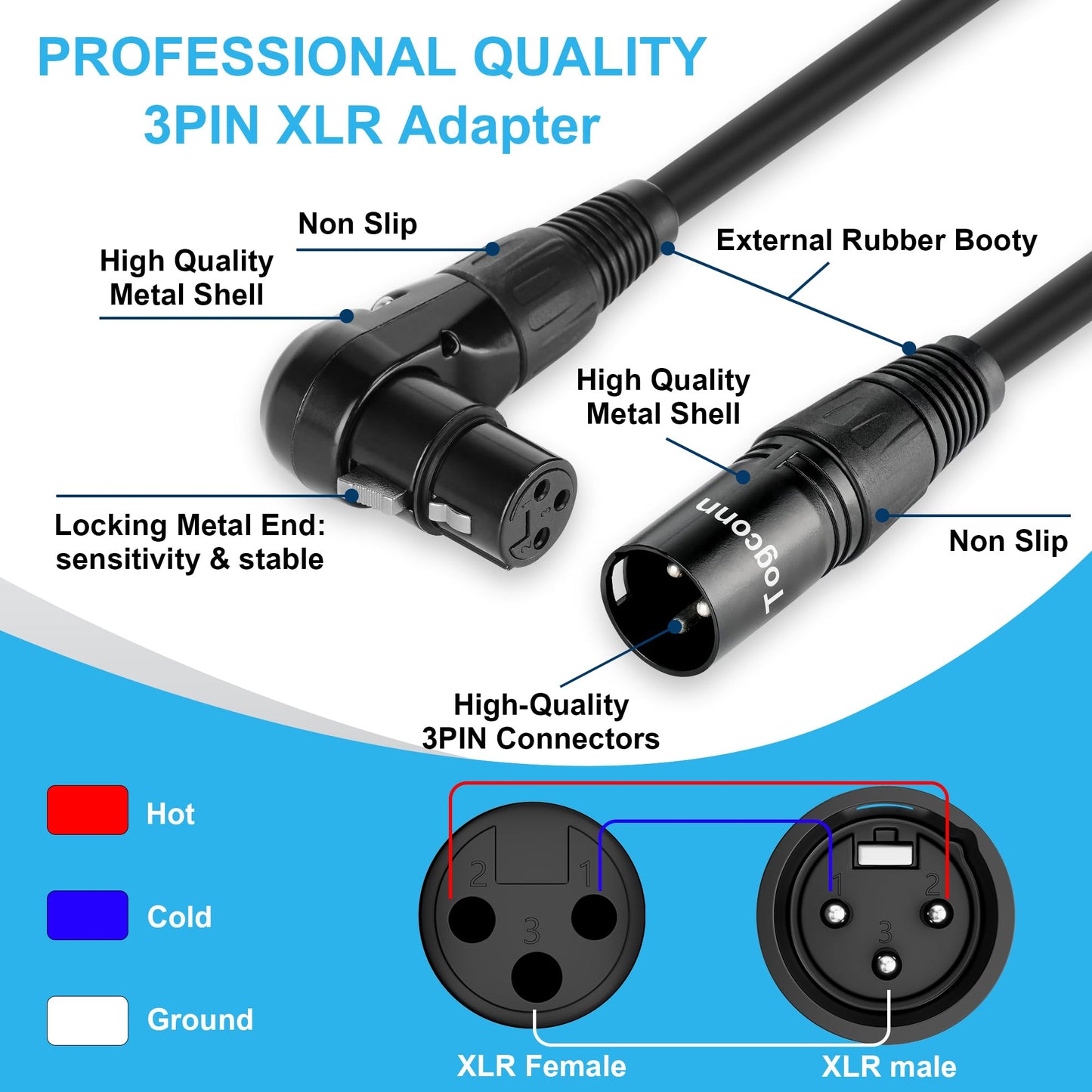 Togconn 6-Pack XLR Microphone Extension Cable Adapter 0.6 Feet, 90 Degree XLR Female to Straight Male 3-Pin Mic Connector for Speaker, Recording Studio, Mic Mixer, Audio Interface, Amplifier, More