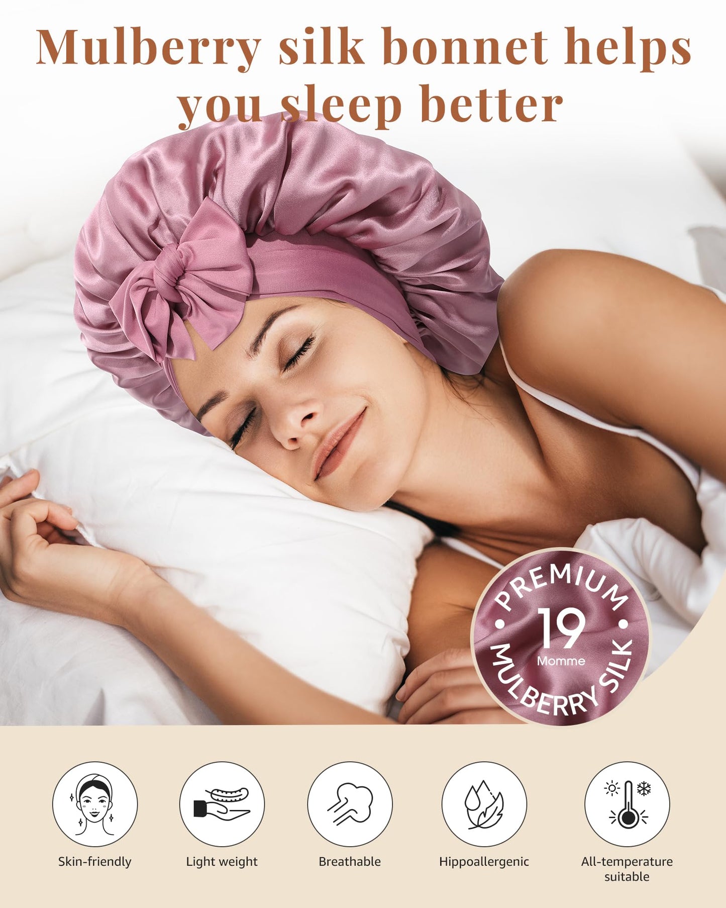 AWAYTR Silk Bonnet for Sleeping Women - 100% Mulberry Silk Bonnet with Band 2 Layer Reversible Hair Bonnet Sleeping Hair Wrap (Dust rose/Pink)