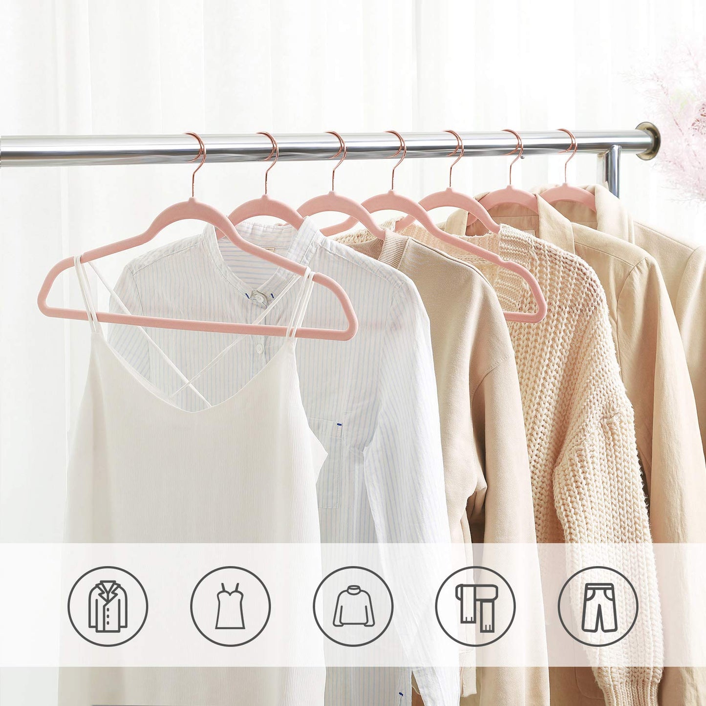 SONGMICS Velvet Hangers, Non-Slip Hanger, Rose Gold Color Swivel Hook, 50-Pack, Pink UCRF026P02