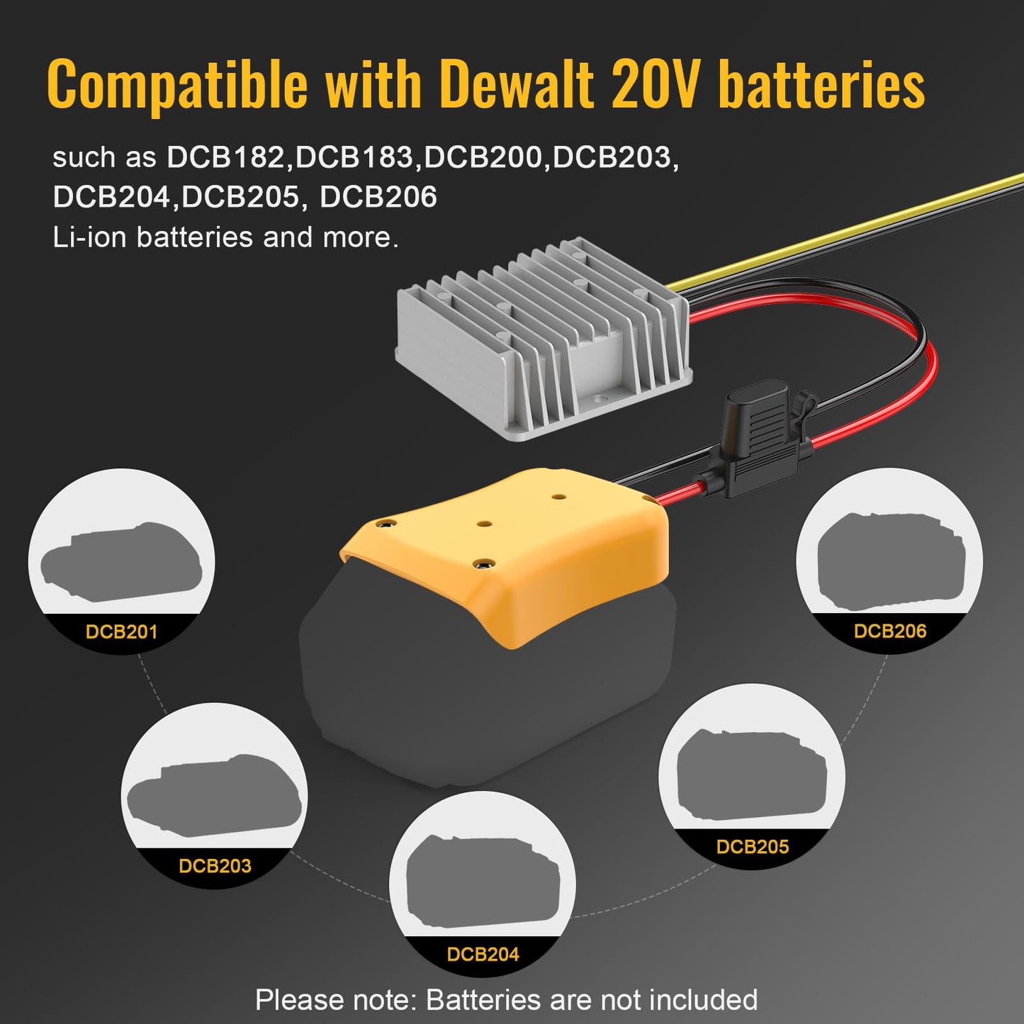 20V to 12V Step Down Converter Compatible with De-Walt 20V Power Wheel Battery Adapter, DC 12V 20A 240W Buck Converter Regulator with 30A Fuse & Wire Terminal