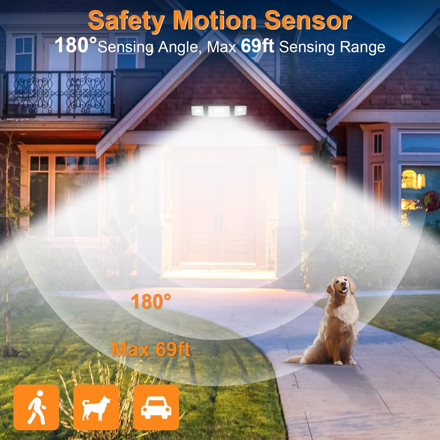 CELAVY 70W LED Security Lights with Motion Sensor Outdoor, 7000 Lumen Super Bright, 3000K/5000K Light, IP65 Waterproof, Dusk to Dawn, 3 Heads Motion Detected Flood Light Garage Yard Porch (Black)