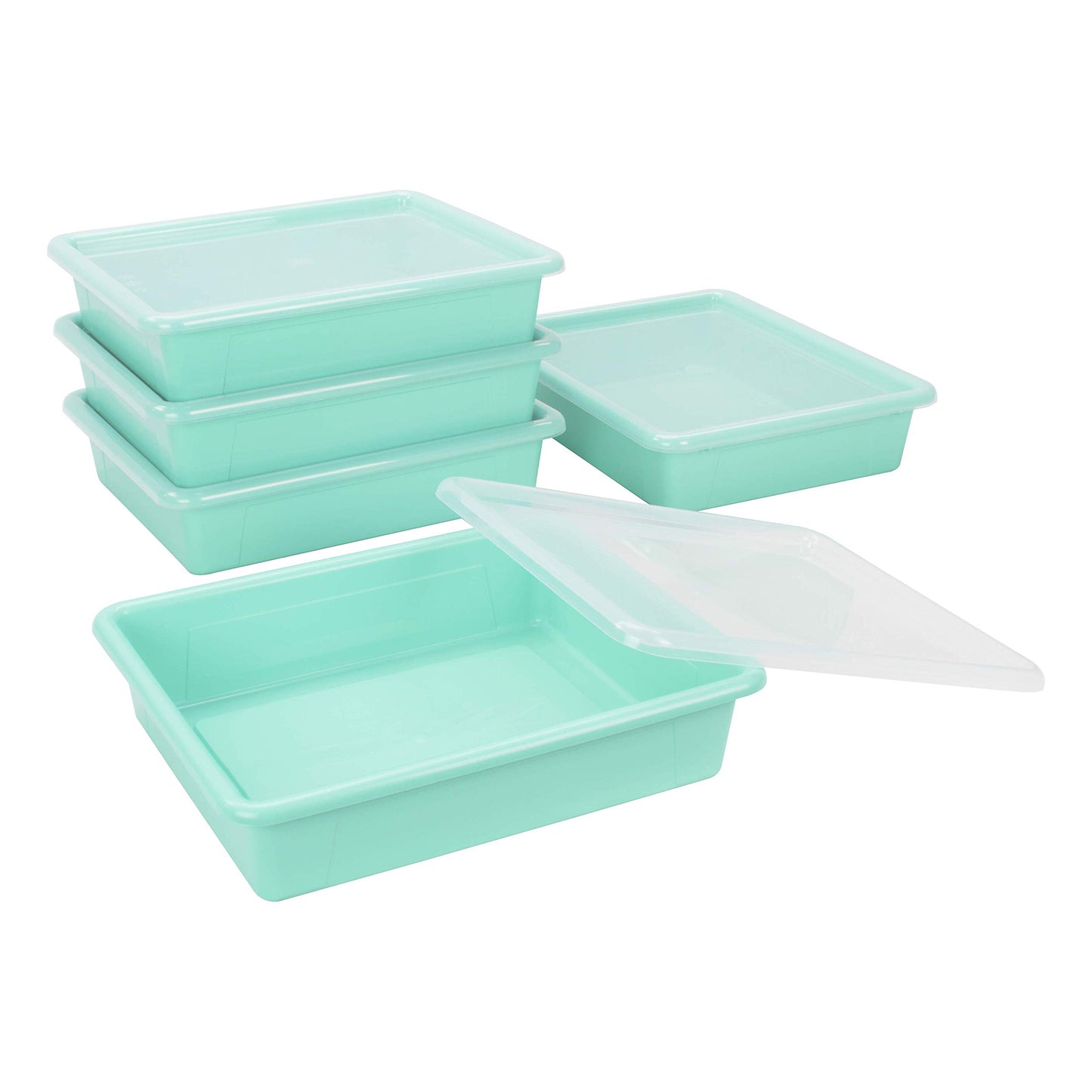Storex Letter Size Flat Storage Tray – Organizer Bin with Non-Snap Lid for Classroom, Office and Home, Teal, 5-Pack (62541A05C)