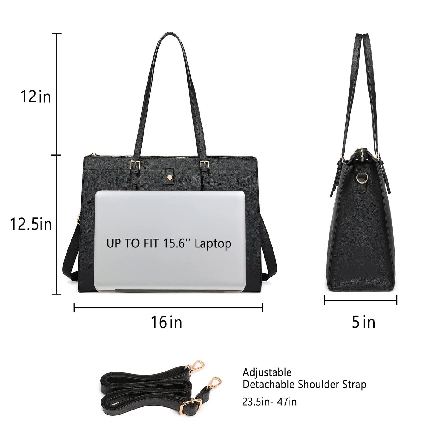 Laptop Bag for Women 15.6 inch Classy Women Tote Leather Computer for Work Large Capacity Waterproof Black Briefcase Business Tote Bags for Women