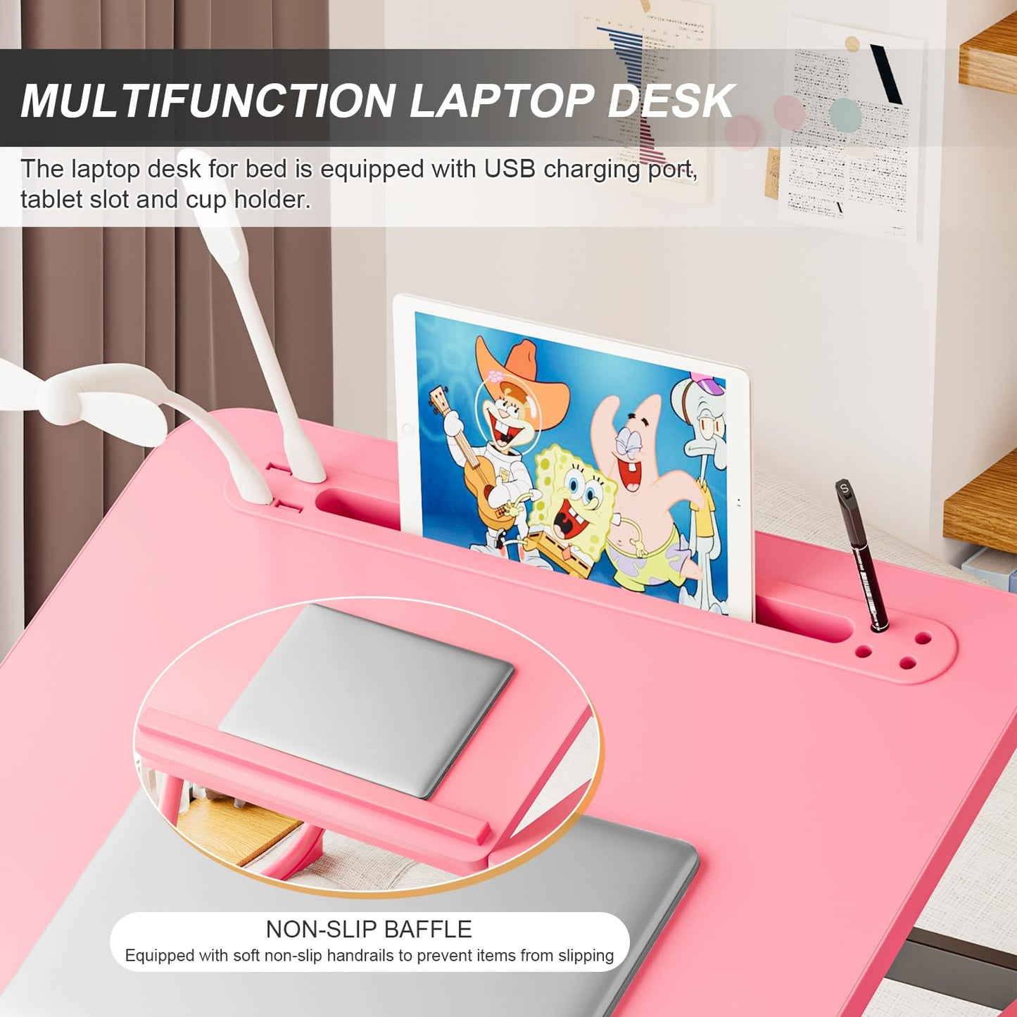Laptop Desk for Bed, Adjustable Laptop Stand with 5 Adjustable Angles, Portable Lap Tray Table with USB Charge Port and Cup Holder, Laptop Bed Desk Tray for Eating Working (Pink)