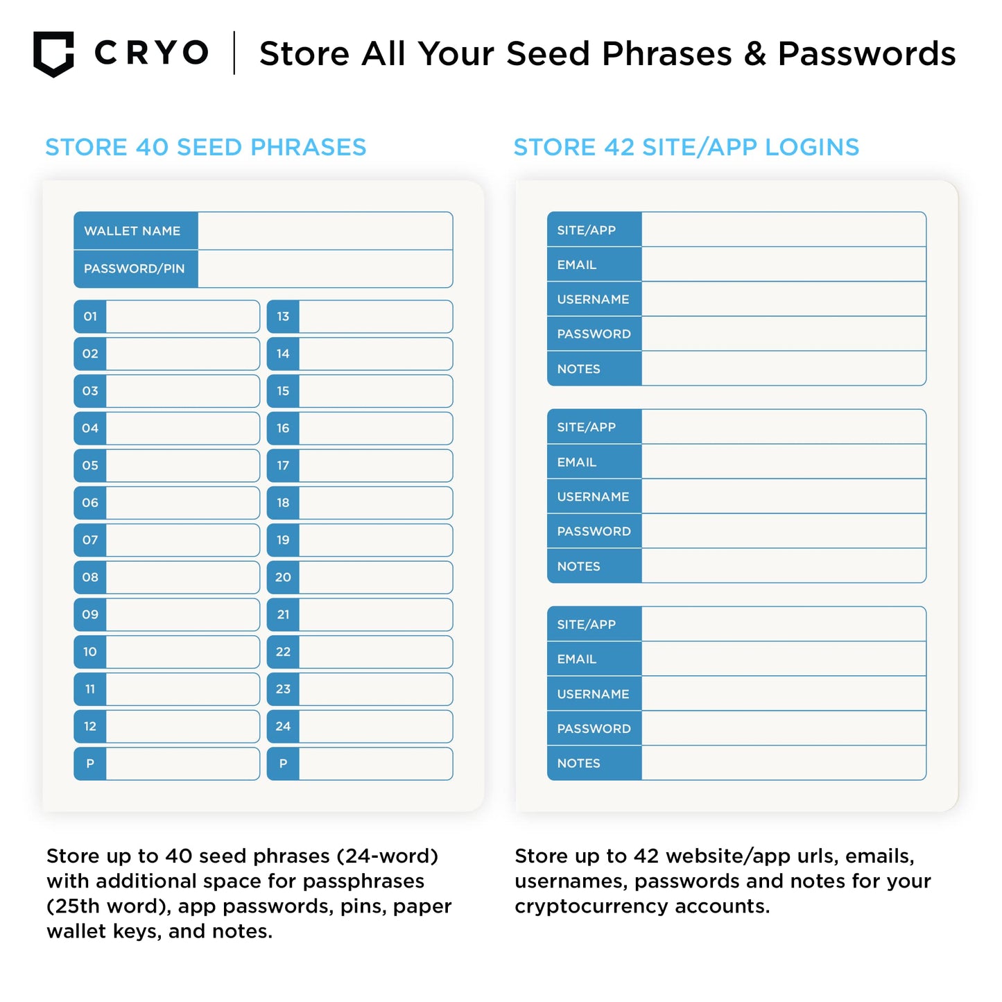CRYO Crypto Seed Phrase Storage Notebook - Waterproof Bitcoin Recovery Phrase Crypto Password Keeper - 12 to 24 Word Cold Wallet Backup - Mnemonic Passphrase Stone Paper Book - Pocket Size 2-Pack