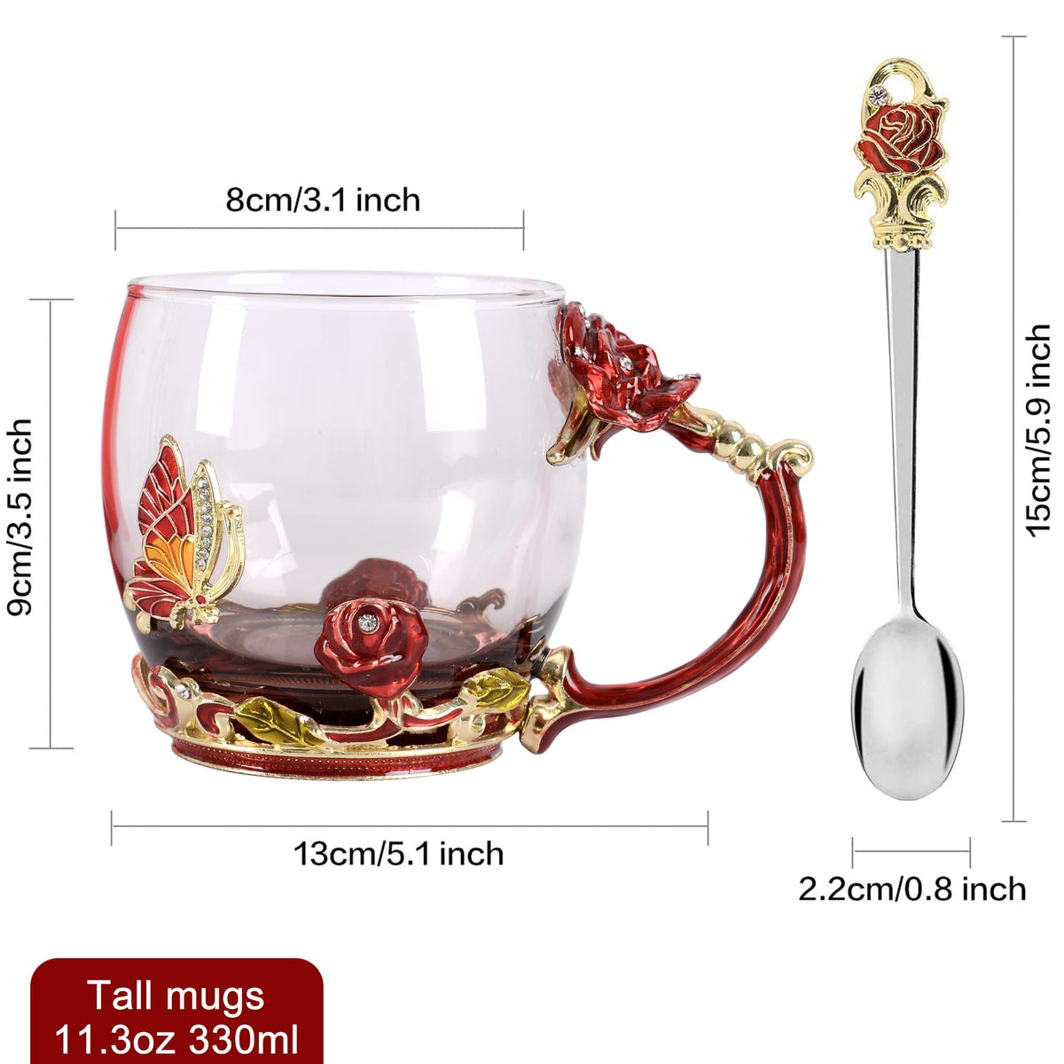WOBOX Glass Coffee Cup Tea Mug & Gifts with Spoon Set Handmade Enamel Butterfly Rose Flower for Mothers Day Gift, Women(2 Set Red)