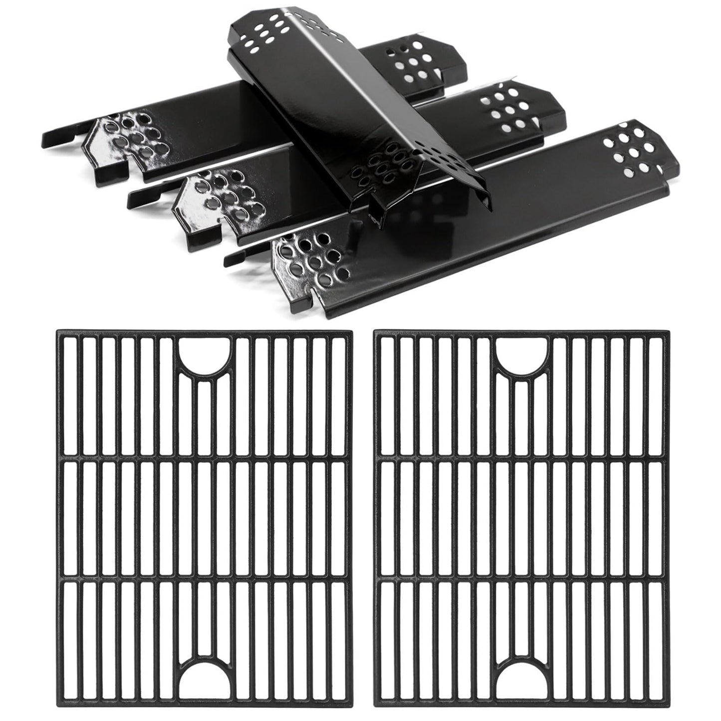 Criditpid Barbecue Replacement Parts for Nexgrill 720-0830H, 720-0783E, 720-0888, 720-0888N, 17" Cast Iron Cooking Grates & Porcelain Steel Heat Plate Shields Kit for Nexgrill 4 Burner.