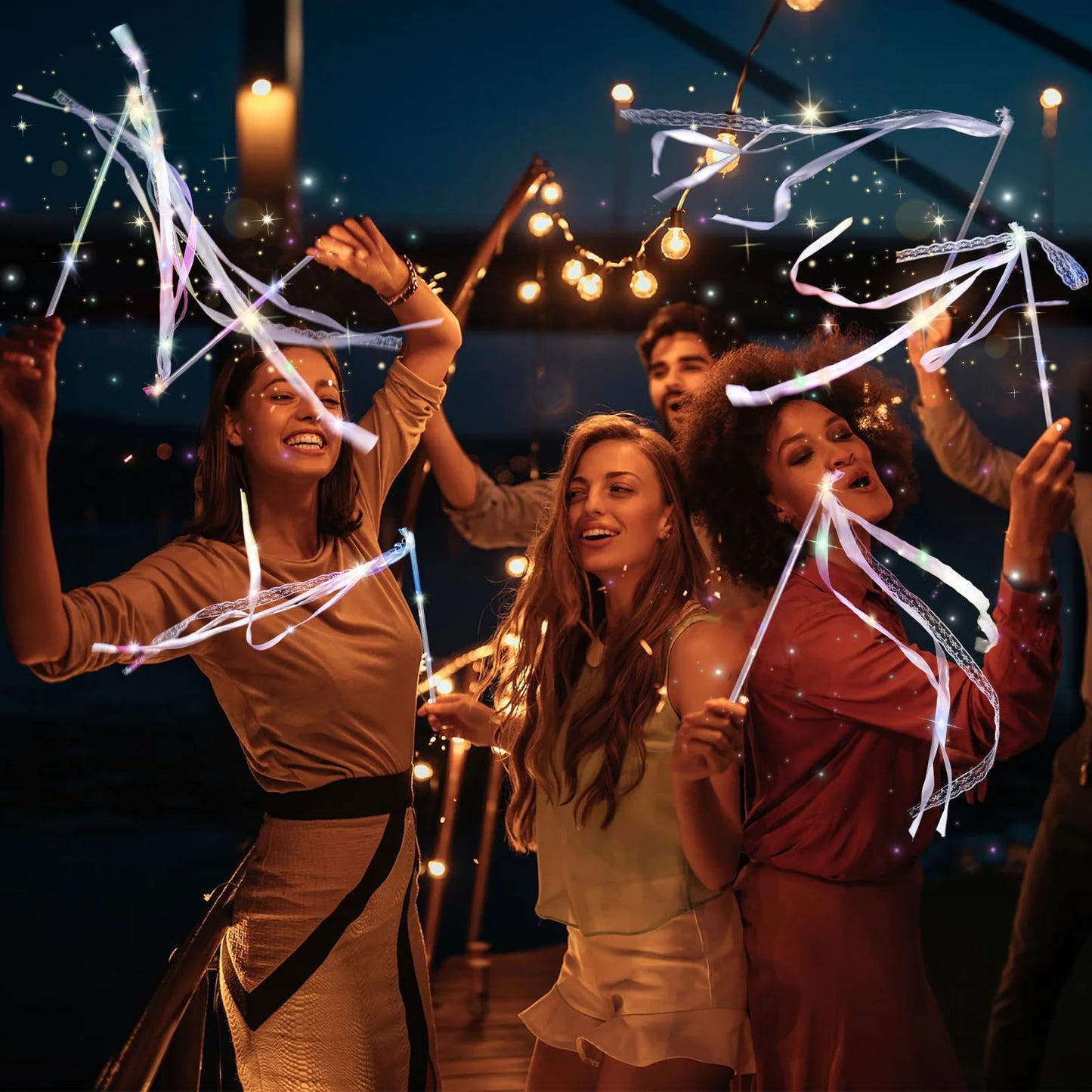 AUGFRYZIAN 100 Pieces Light up Wedding Wands with Ribbons & Bells –LED Silk Wedding Fairy Wands Streamers with Warm White & Colorful Lights for Wedding Send Off Ideas, Parties, and Celebrations