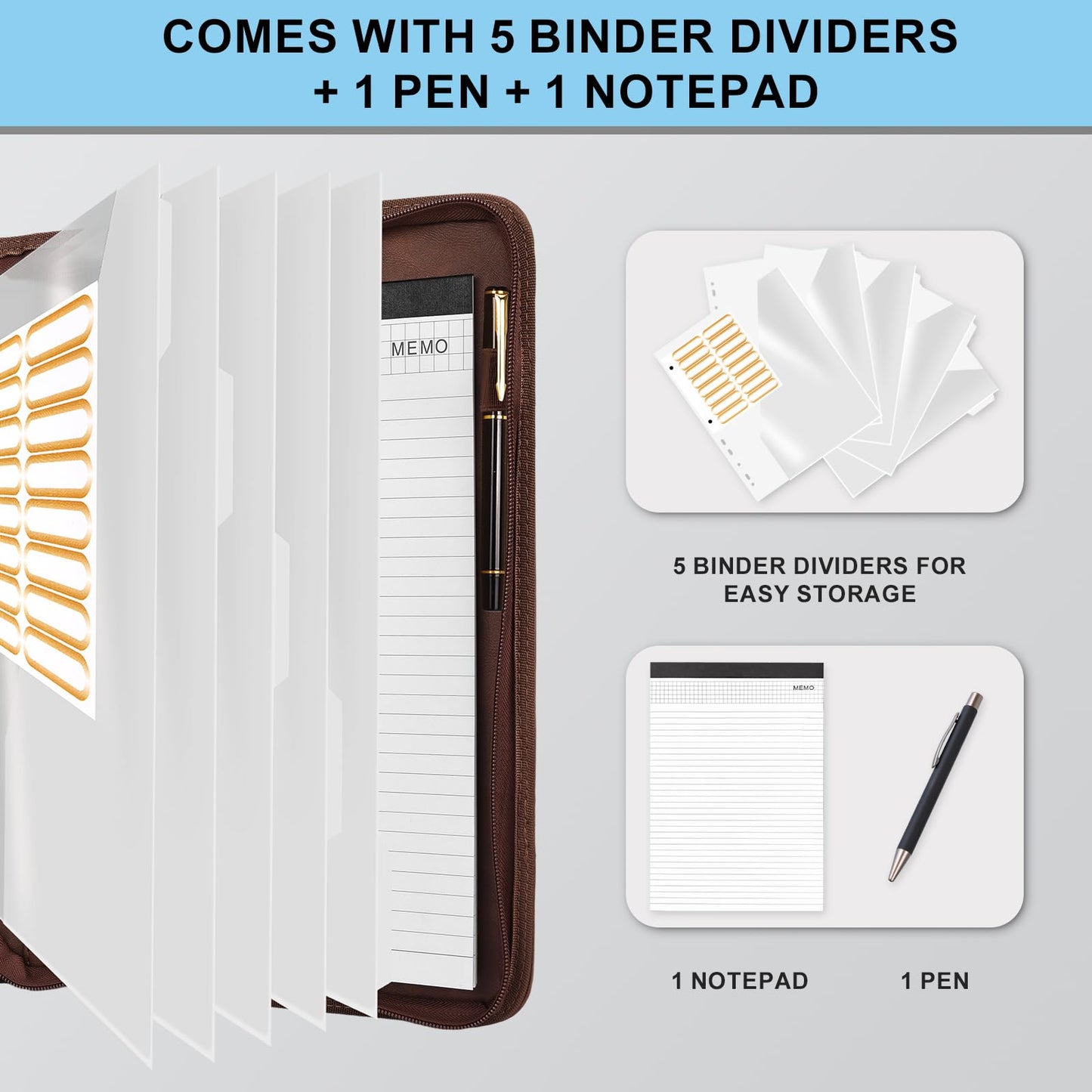 Eshow Portfolio Organizer - 3 Ring Binder with Zipper, Vegan Leather Business Padfolio Folder with Notepad Includes 10 Clear Sheet Protectors for Documents Files for Men Women