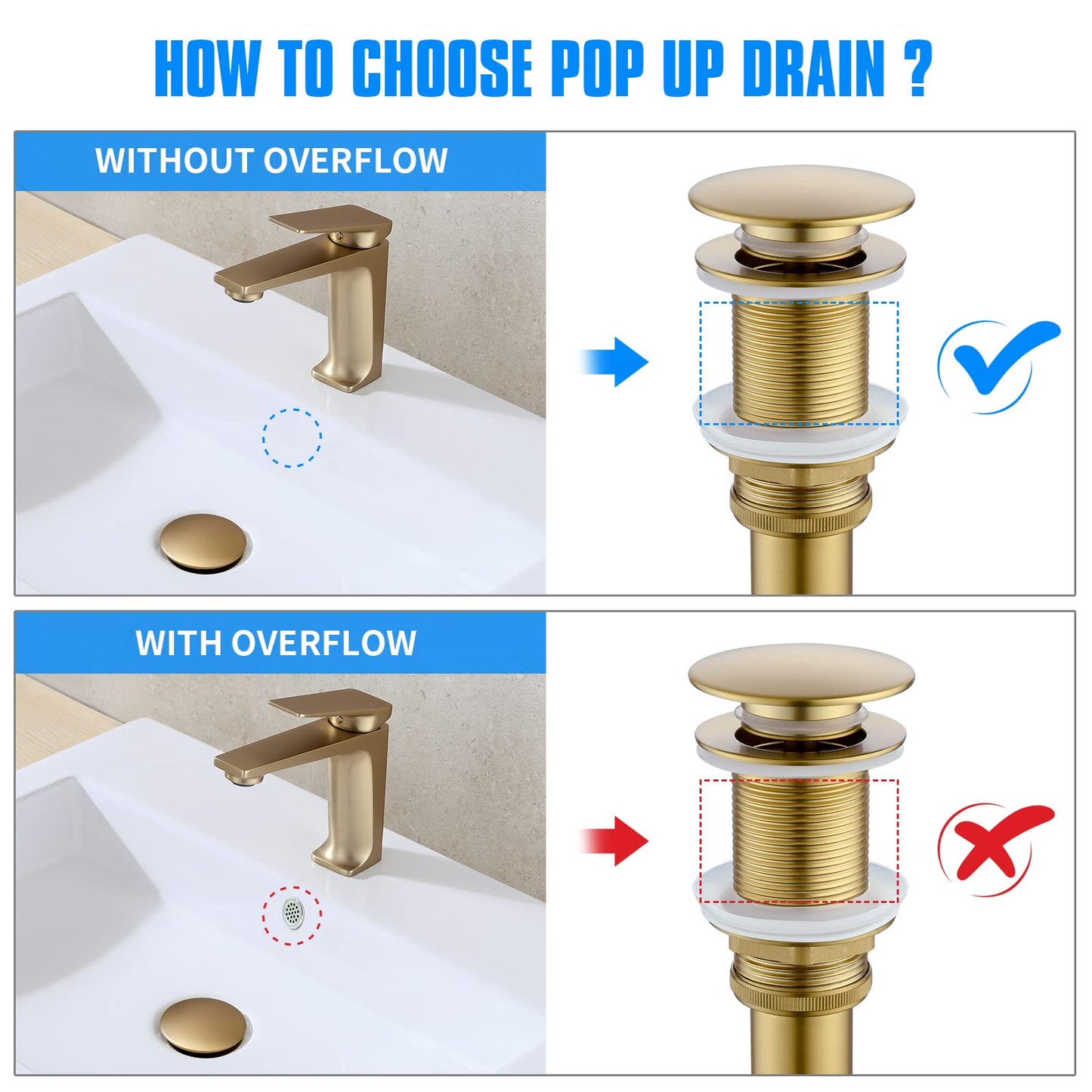 JONKEAN Bathroom Pop Up Drain Without Overflow,Bathroom Sink Drain with Detachable Strainer Basket, Built-in Anti-Clogging Strainer,Vessel Sink Pop Up Stopper Hair Catcher(Brushed Gold)