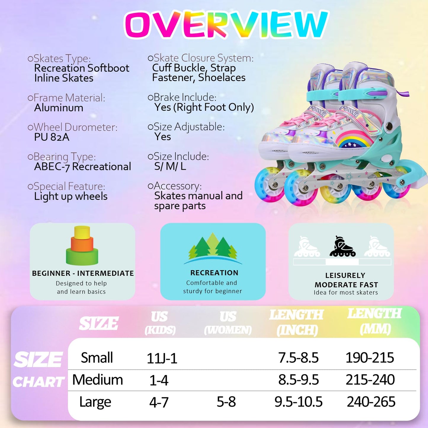 Adjustable Inline Skates for Kids Girls Children Beginners, Rainbow Inline Roller Skates with Light Up Wheels for Kids and Youth for Sports (Small)