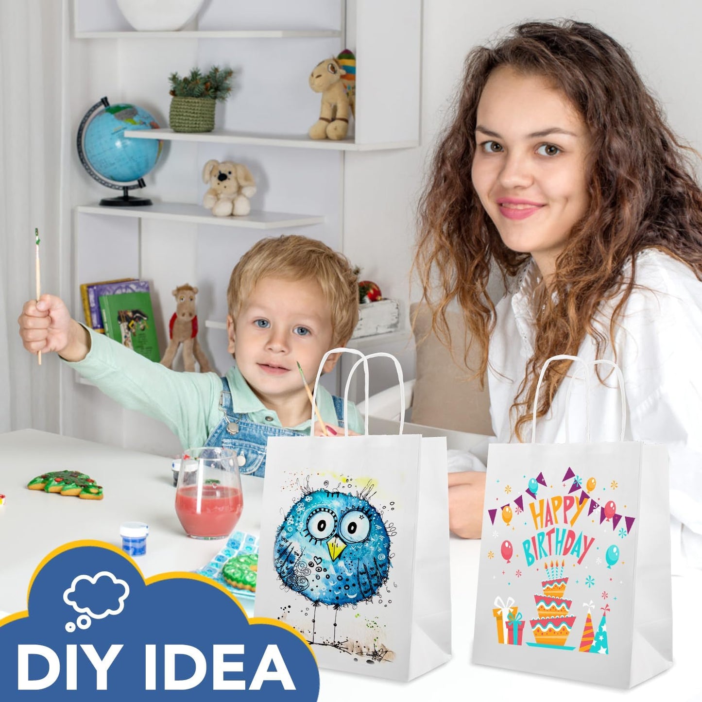 BURVAGY 100Pack White Paper Bags 8x4.5x10 Inch, Plain Medium Paper Bags with Handles Bulk, Kraft Paper Gift Bags, Retail Bags, Party Bags, Shopping Bags, Favor Bags