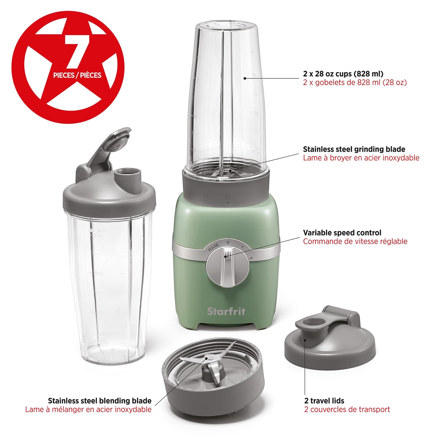 Starfrit Personal Blender - Two 828ml Cups - Two Blades - High, Low & Pulse Modes - 300W - Sage