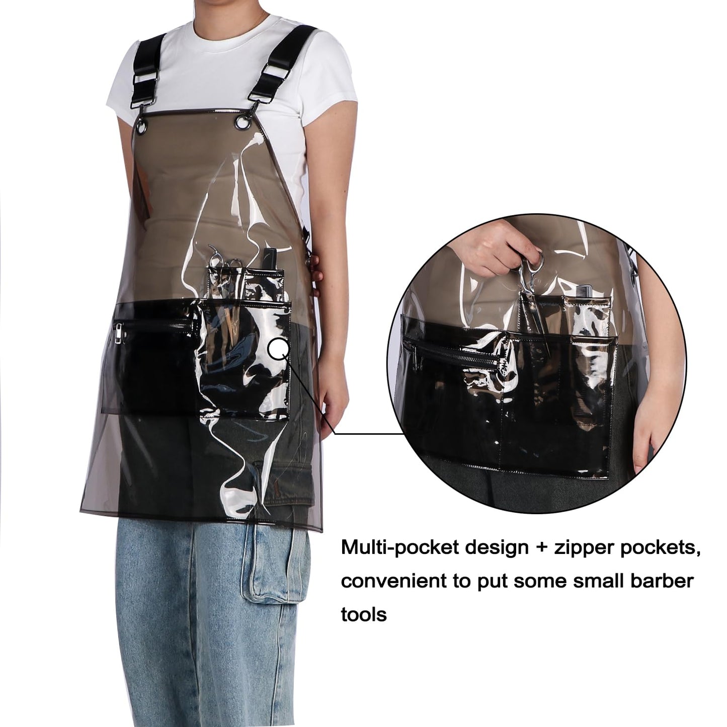 MIKI WELL Updated Hair Stylist Apron,Preventing Hair Pockets- Waterproof Transparent Salon Apron,Multi-pocket with zipper, Black+black Straps, 23.2''W x 25.5''L