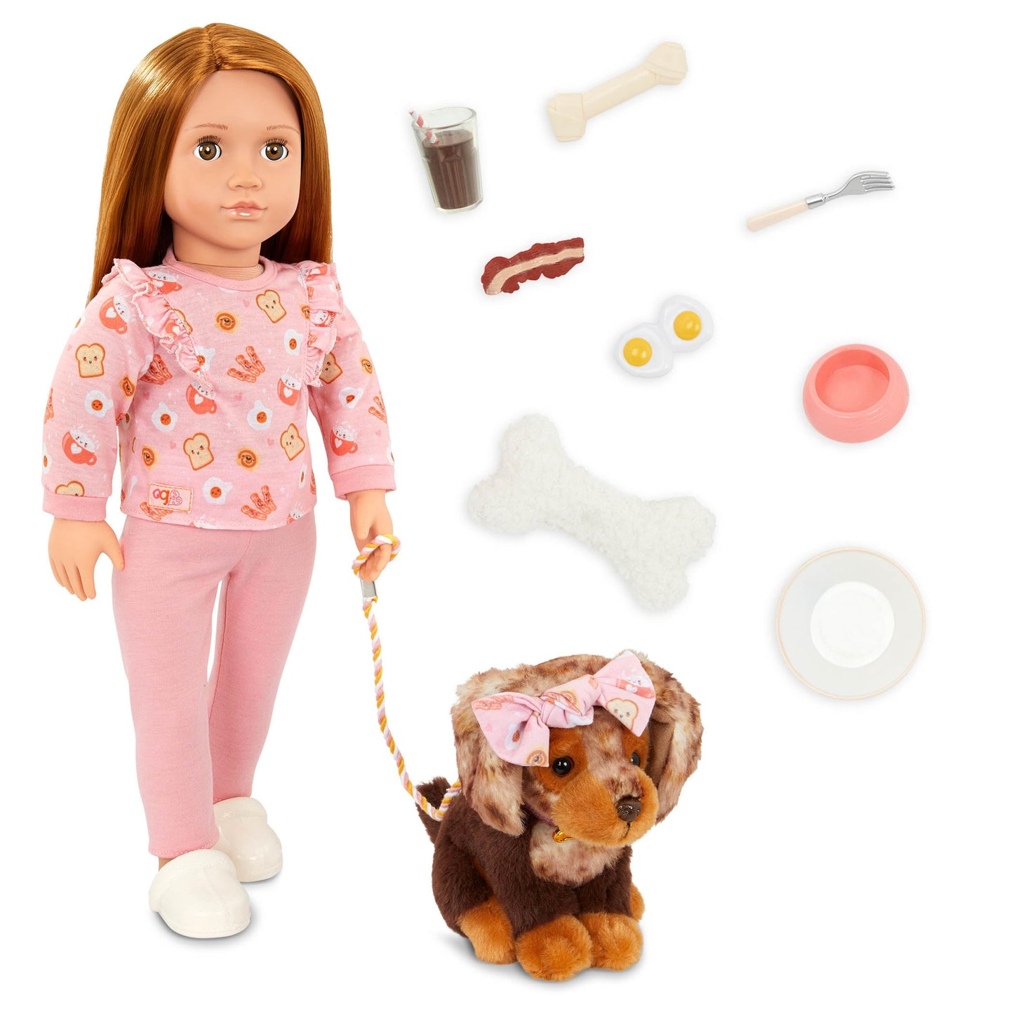 Our Generation – 18-inch Doll & Pet – 6-inch Dachshund Dog Plush – Pretend Food Accessories – Imaginative Play – Toys For Kids Ages 3 & Up – Claudia & Cinnamon