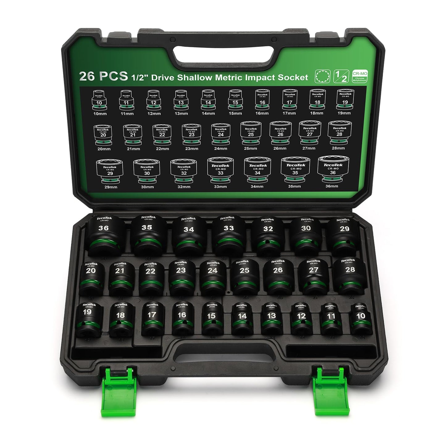 TecoTek 26 Pieces 1/2-Inch Drive Shallow 12-Point Metric Impact Socket Set, CR-MO, 10mm to 36mm, Stamped and Ink Filled Size Marking, Heavy Duty Storage Case